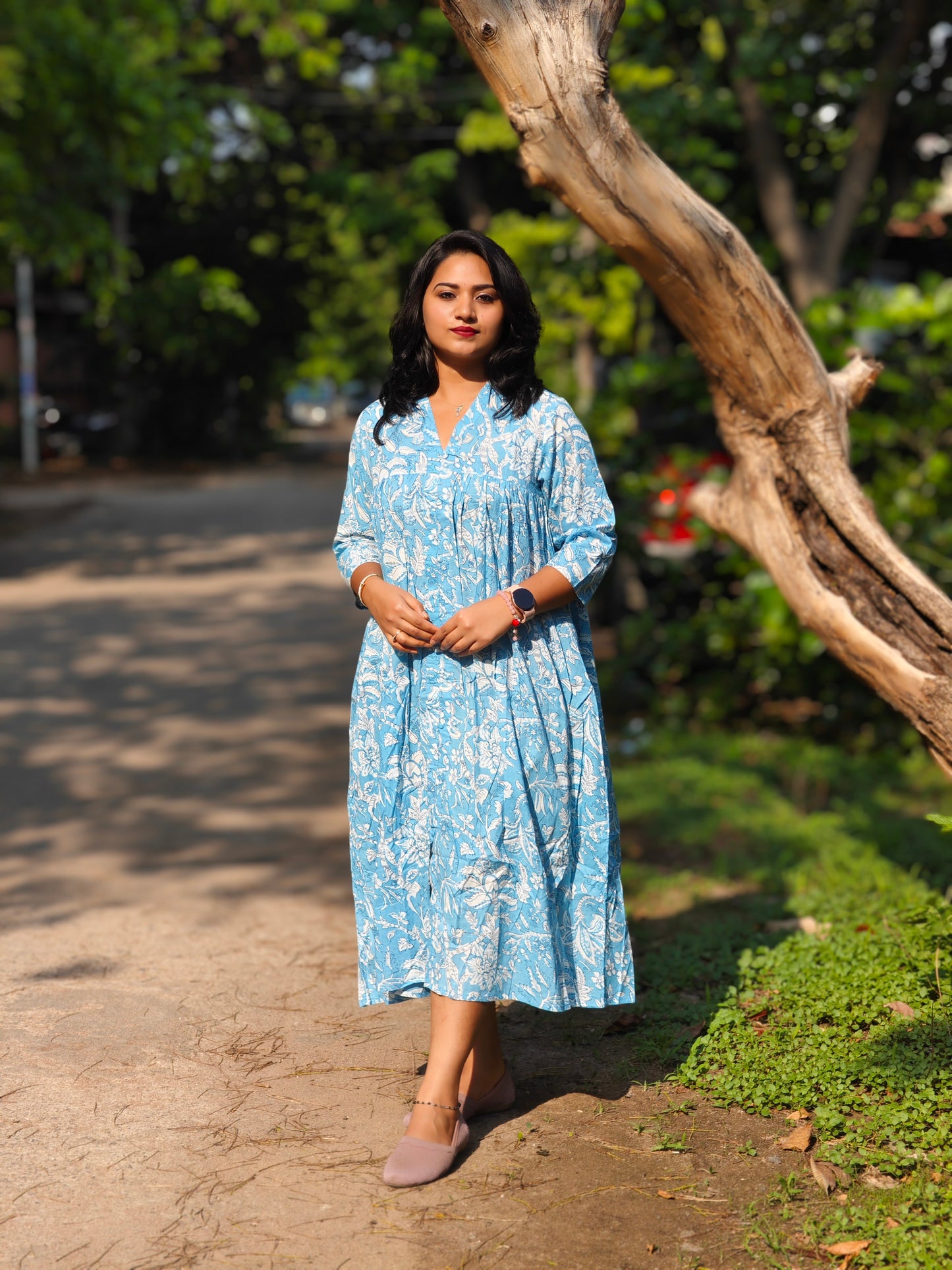 Sky Blue Cotton Floral Print Flared Kurta 4006
