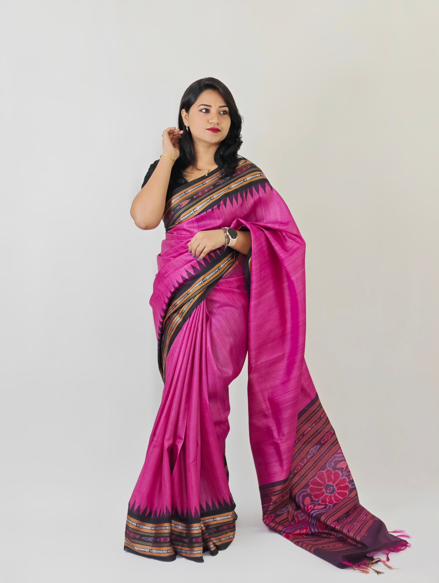 CLEARANCE SALE Elegance Embroidered Handloom Tussar Silk Saree with Ikkat and Vidarbha Temple Border
