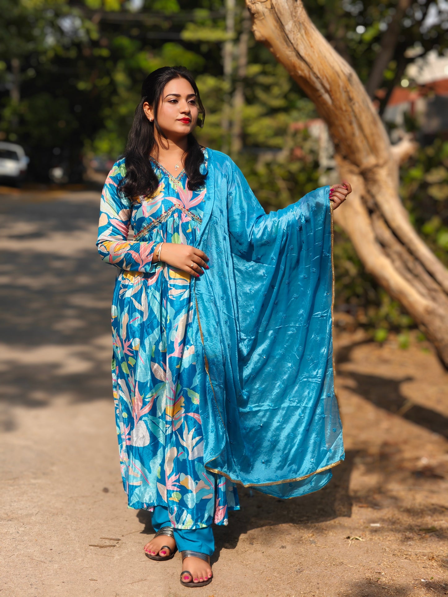 Women’s Chinnon Fabric Alia Cut Salwar Suit Set with Printed Design & Matching Dupatta