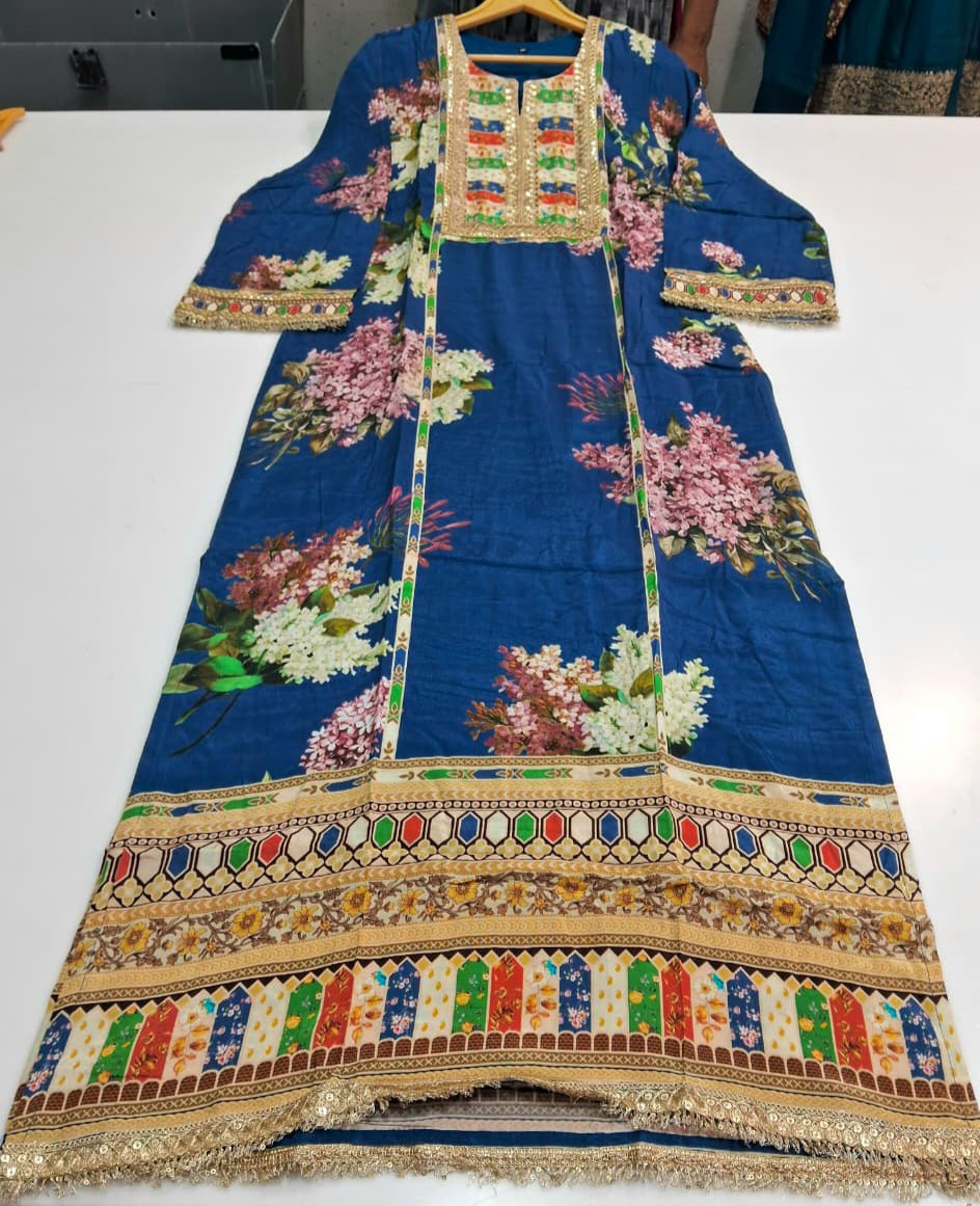 Women’s muslin long kaftan maxi dress blue floral print, yoke detailing, full length, sizes M-3XL