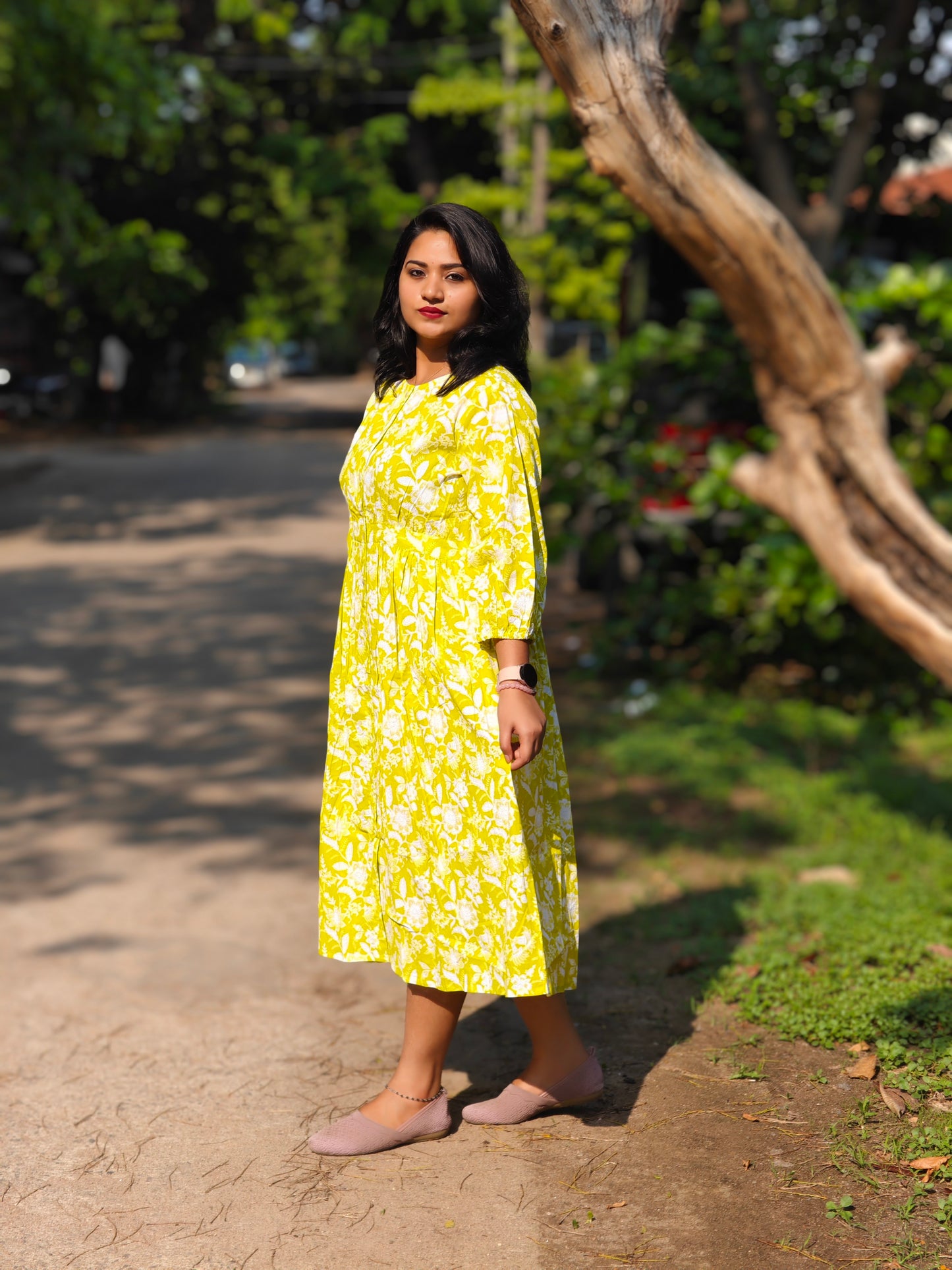 Lime Cotton Floral Gathered Dress 00180