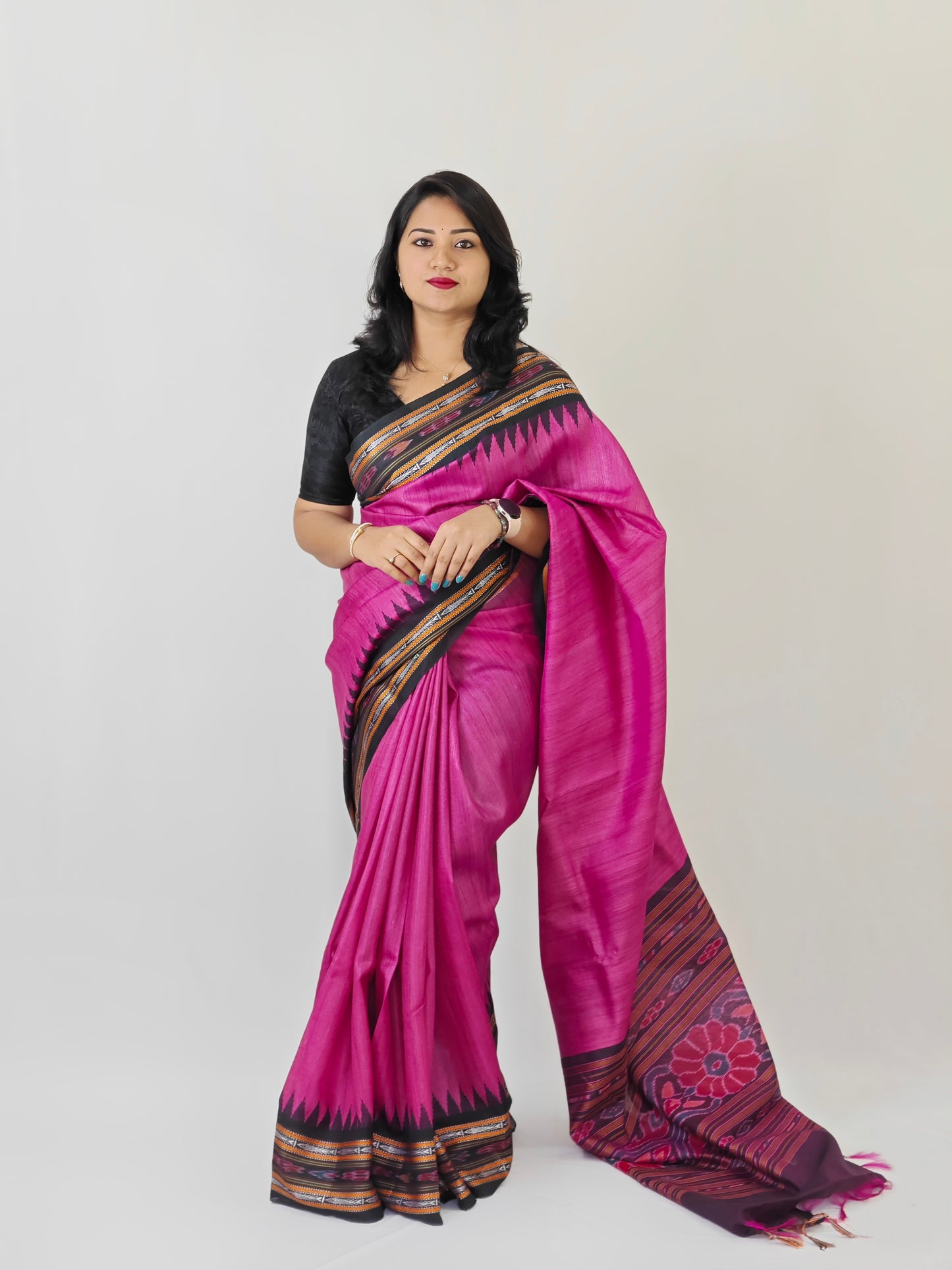 CLEARANCE SALE Elegance Embroidered Handloom Tussar Silk Saree with Ikkat and Vidarbha Temple Border