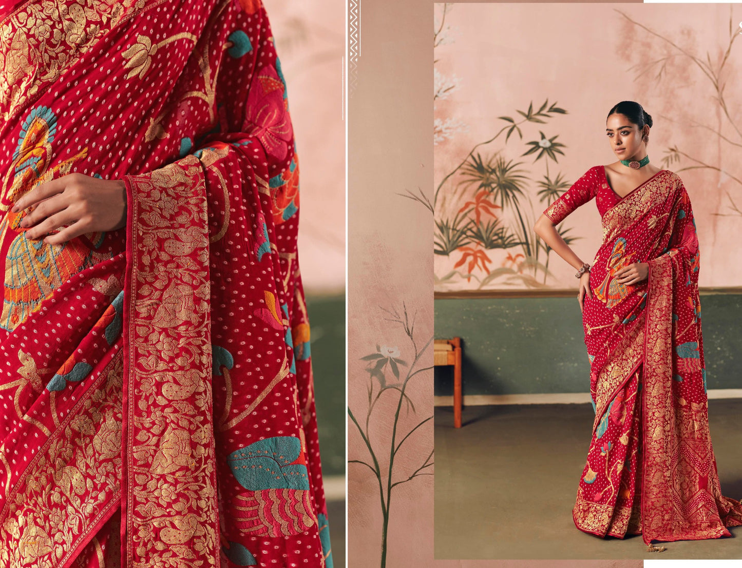 Pure Kaddi Georgette Zari Weaving Saree in Crimson Red with Traditional Floral Jaal and Rich Border – Festive & Wedding Wear Saree for Women