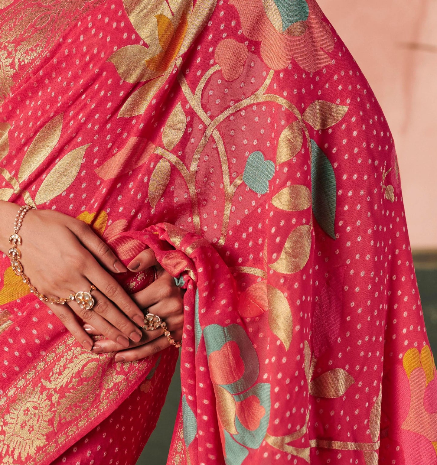 Pure Kaddi Georgette Zari Weaving Saree in Rani Pink with Circular Motifs and Floral Accents – Festive & Wedding Wear Saree for Women