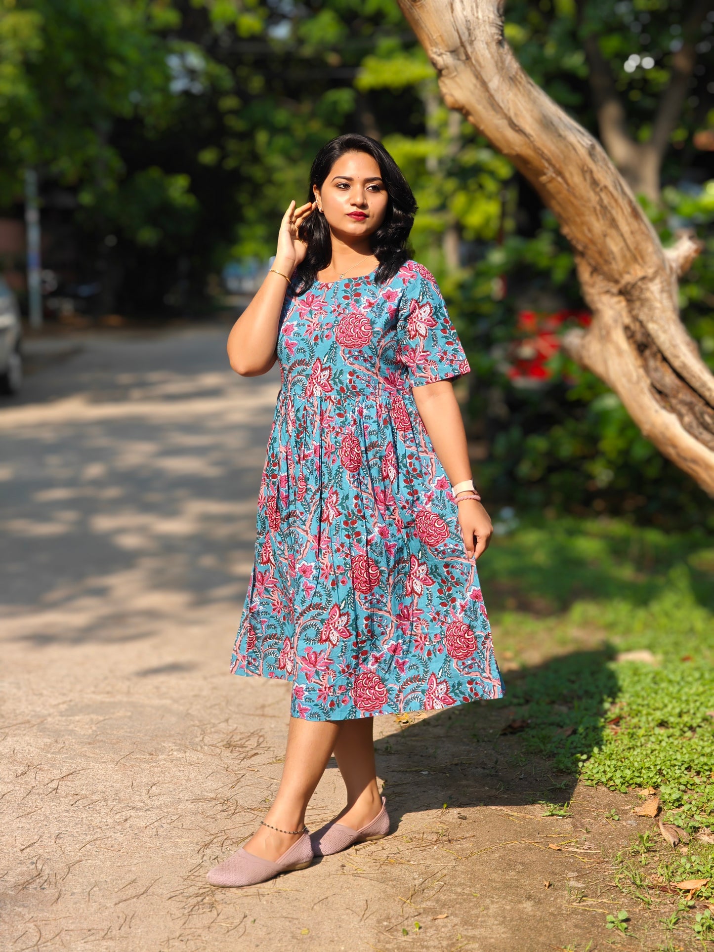 Cotton Floral Print Flared Western Dress 3938