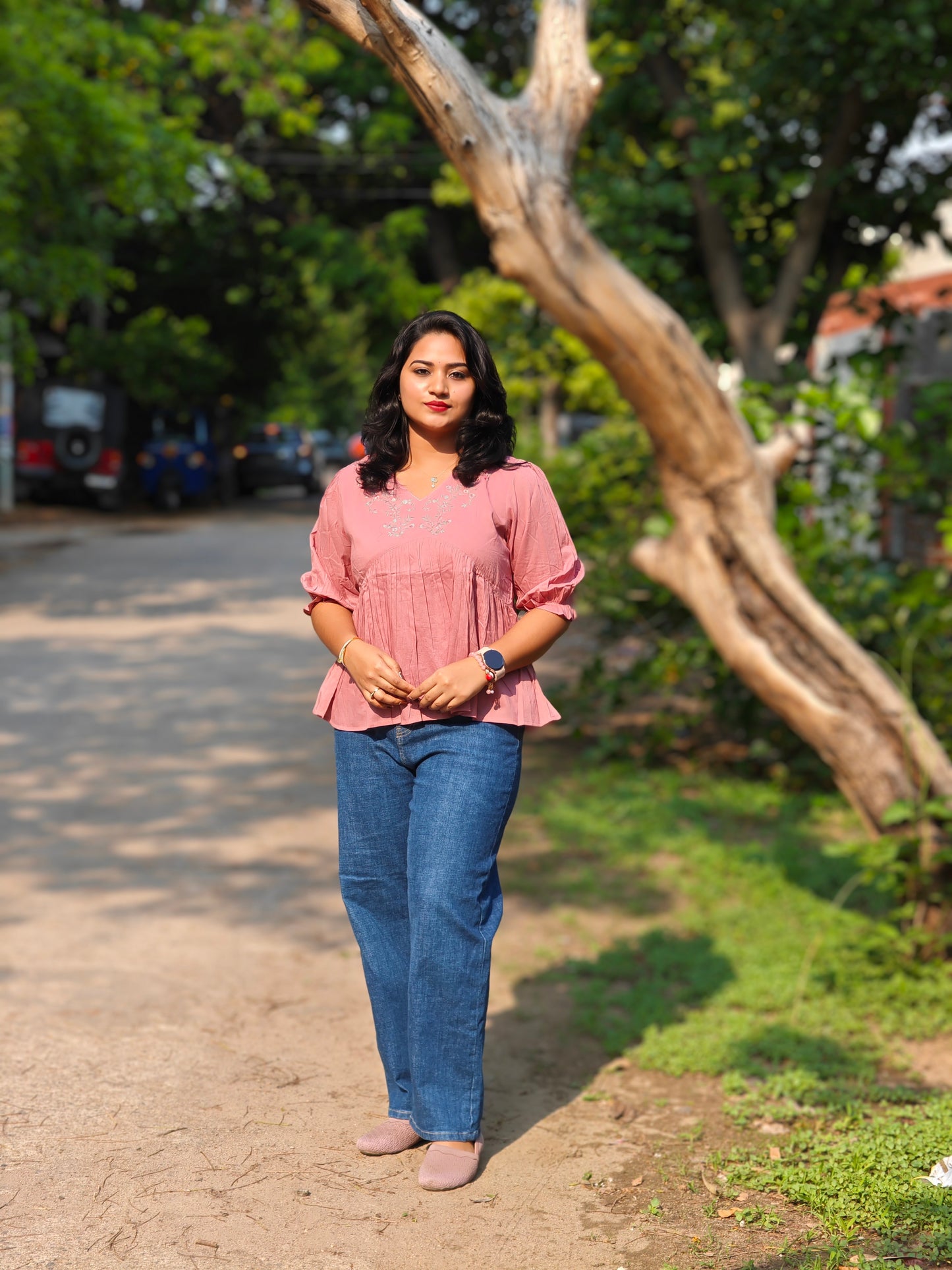 Pink Cotton Embroidered Fit And Flared Top J0420