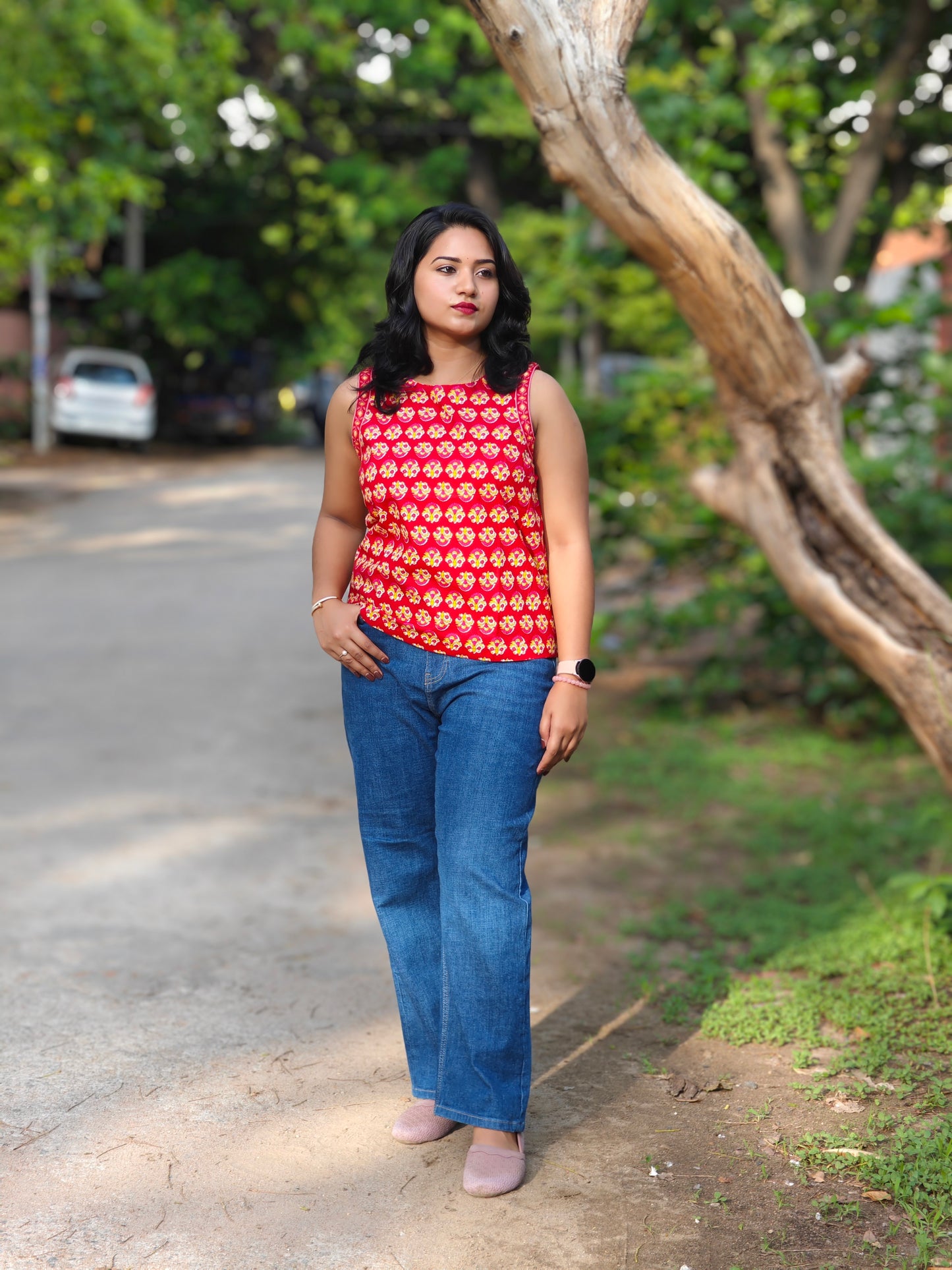 Red Cotton Floral Print Regular Top 3645