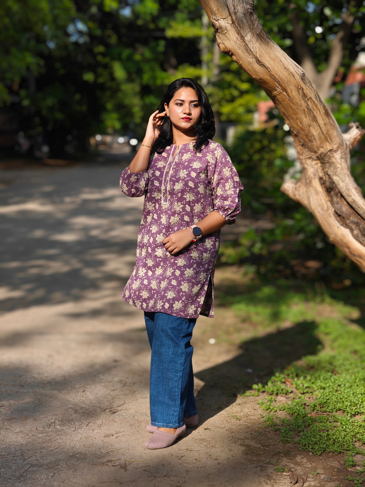 Purple Cotton Floral Regular Tunic 00171