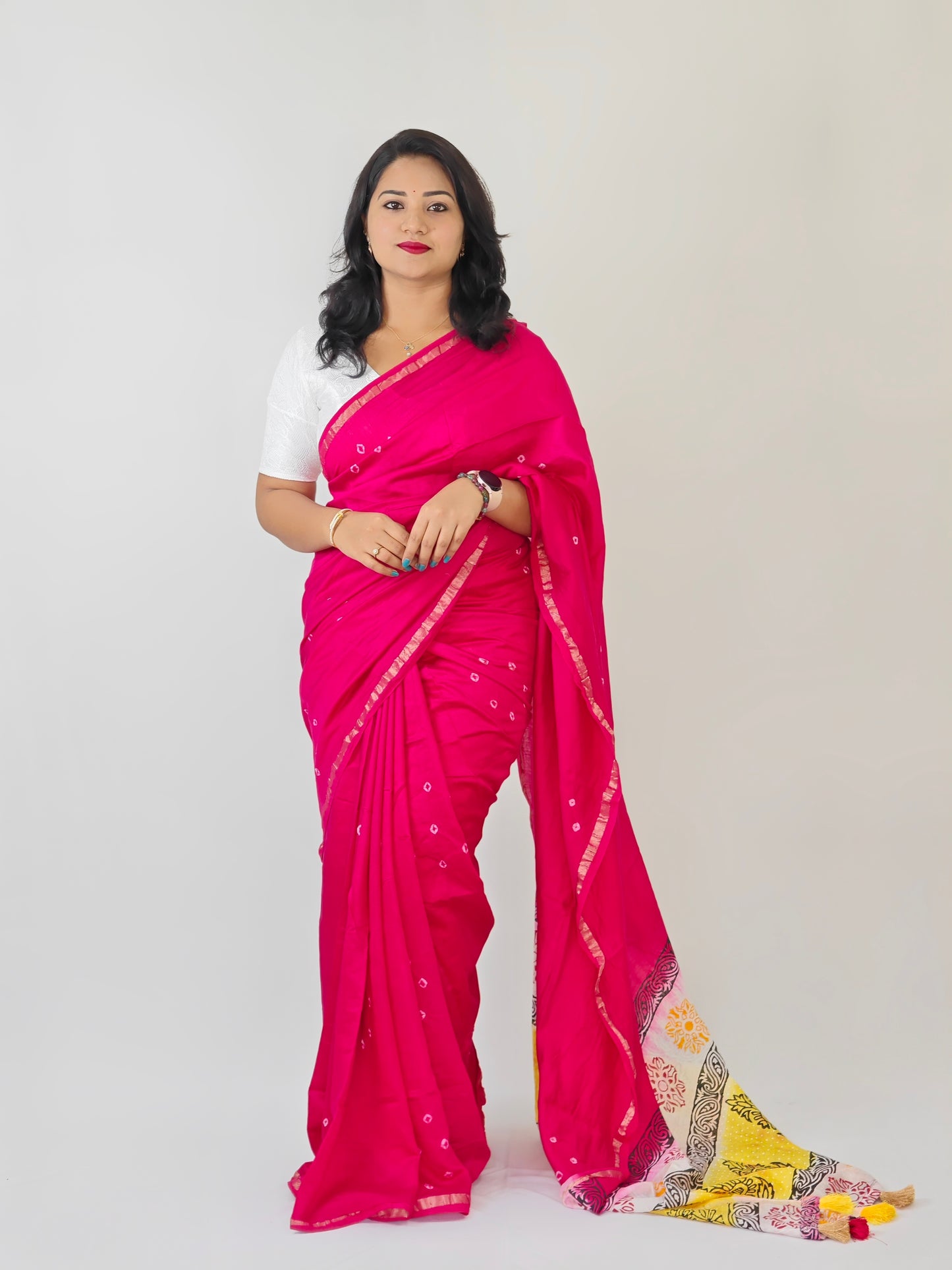 Exquisite Handcrafted Bandhani and Block Print Chanderi Cotton Saree