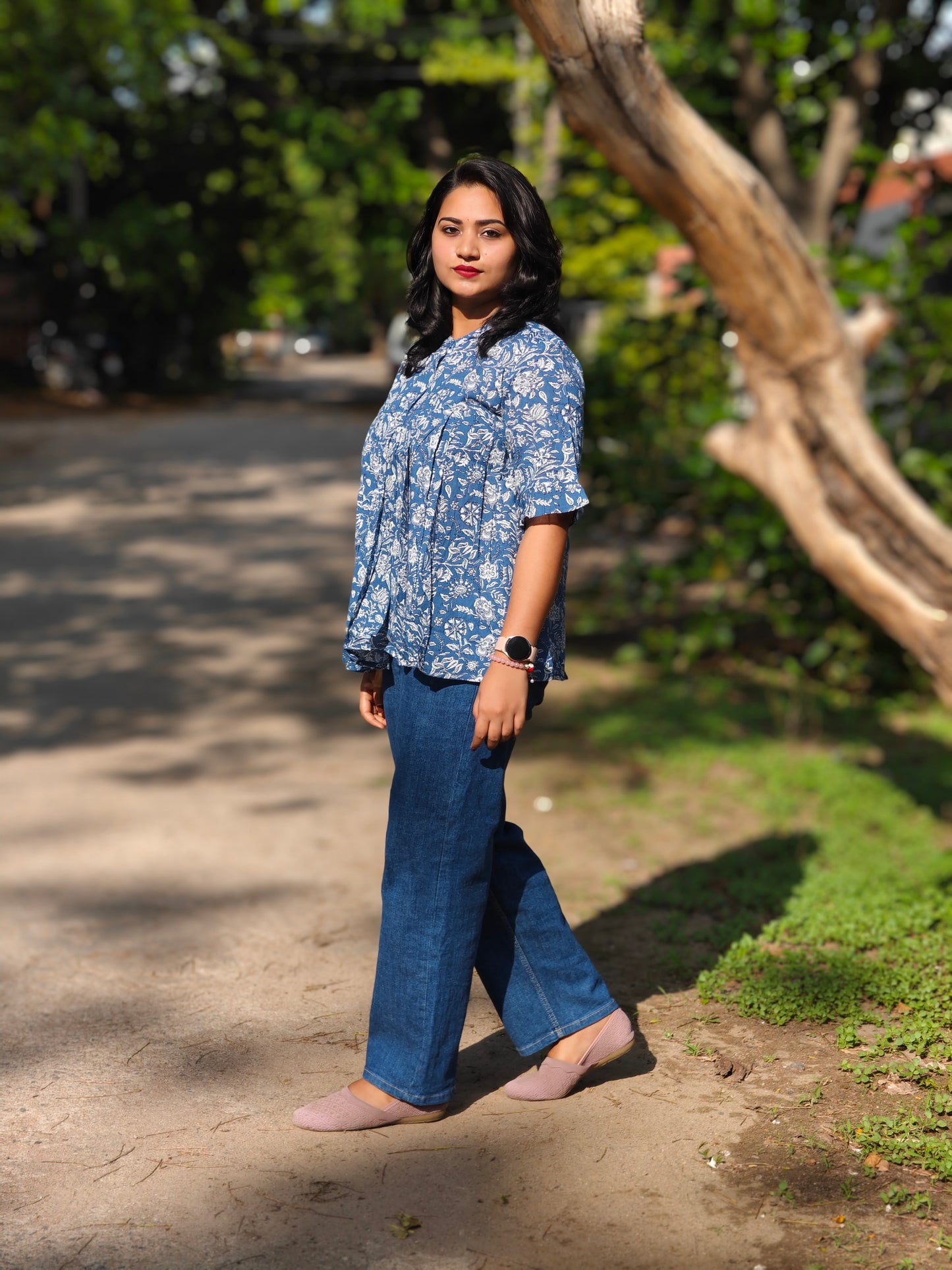 Ink Blue Cotton Floral Print Flared Top 4032