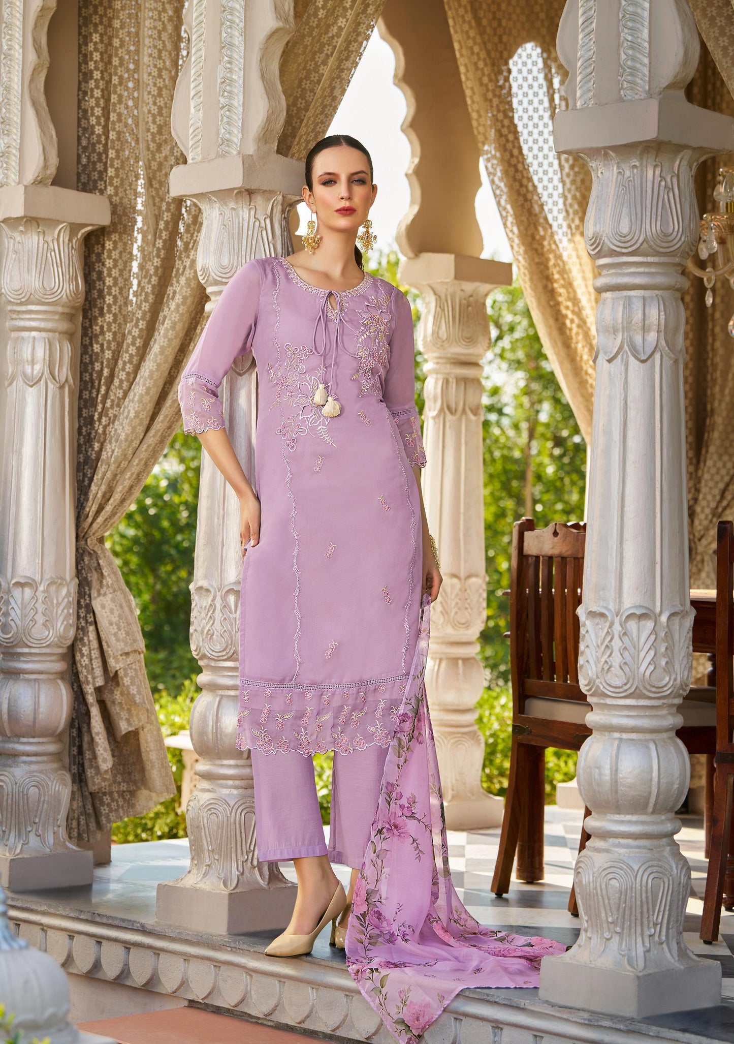 Women’s Organza Embroidered Suit Set with Viscose Silk Pant and Digital Print Dupatta – L to 3XL