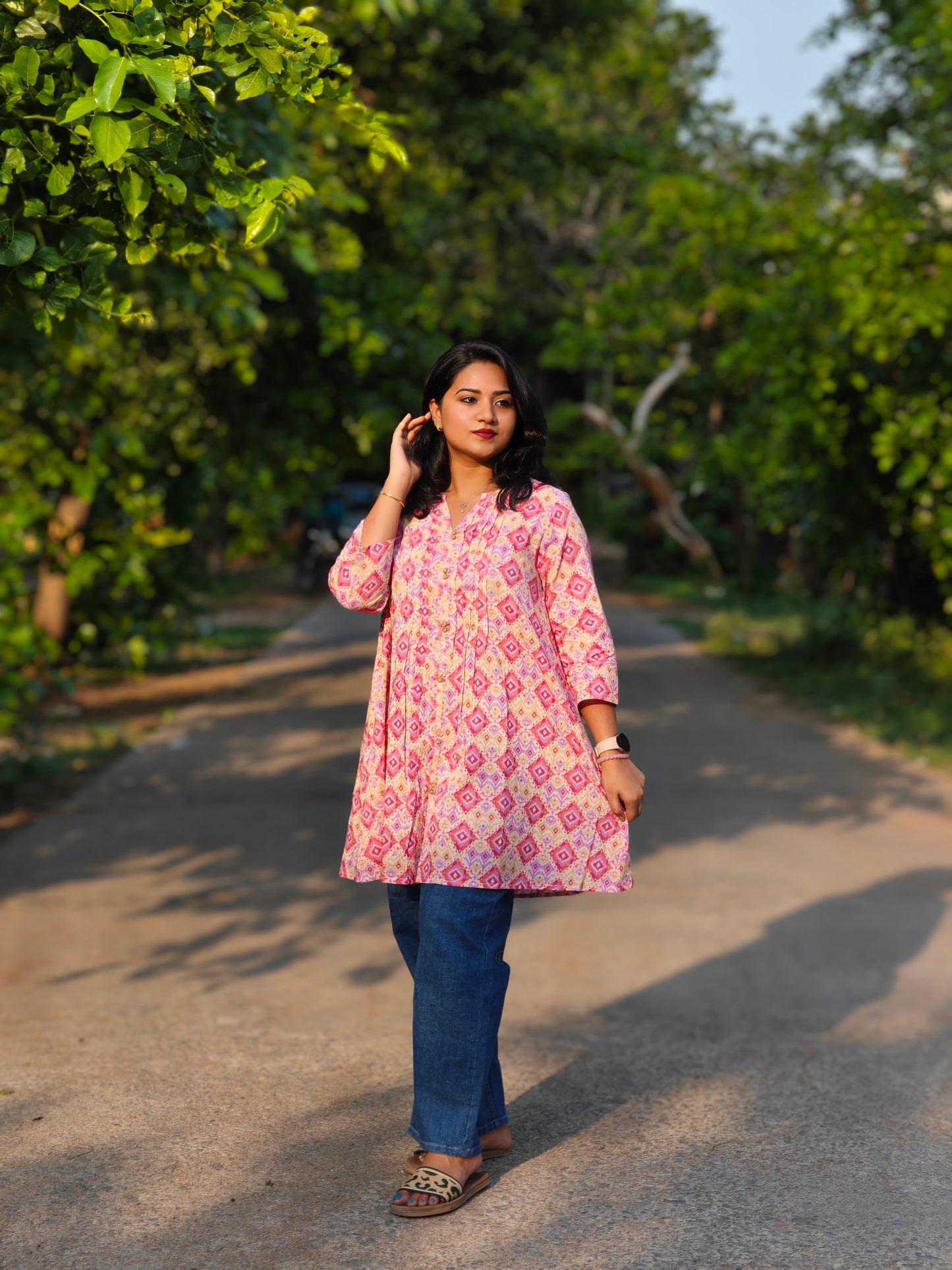 Pink Cotton Ikkat Pleated Tunic 00160
