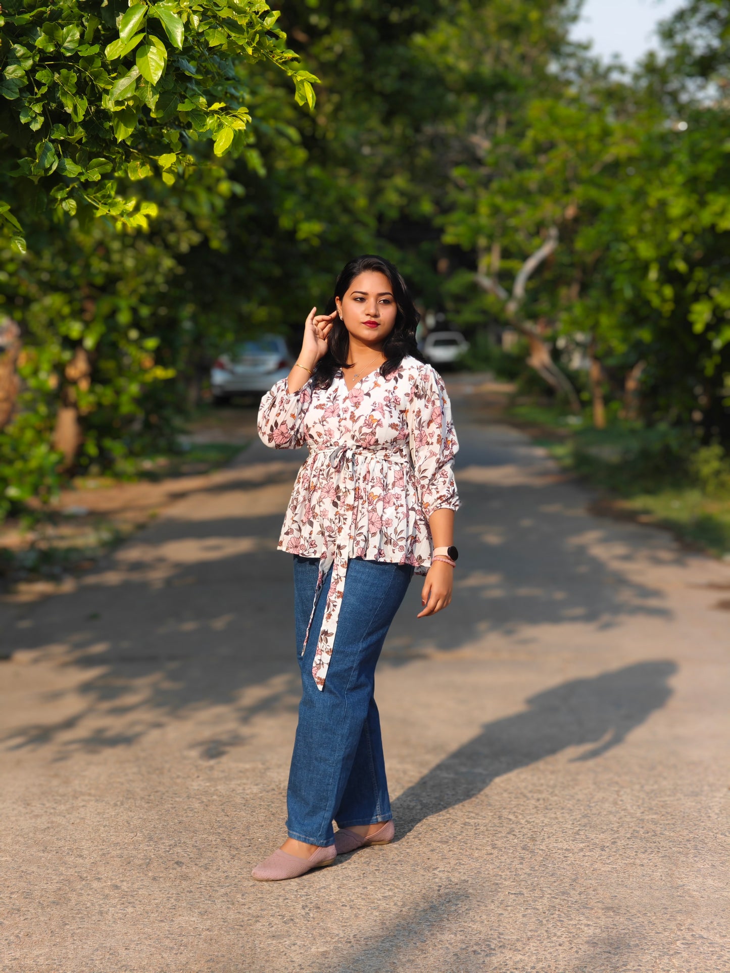 White Georgette Floral Print Peplum Top 4055