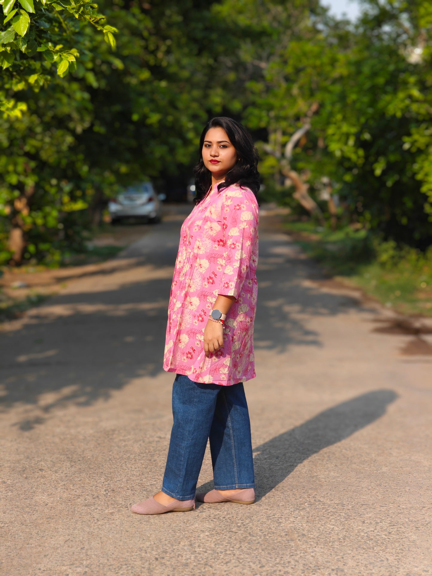 Pink Cotton Floral A-Line Tunic 00113