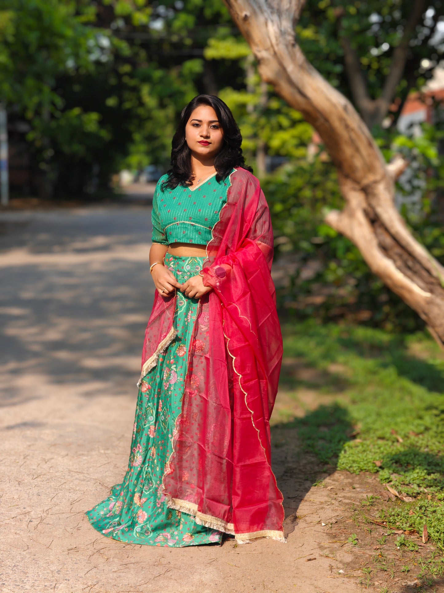 Green Crepe Silk Floral Lehenga Choli With Dupatta 814