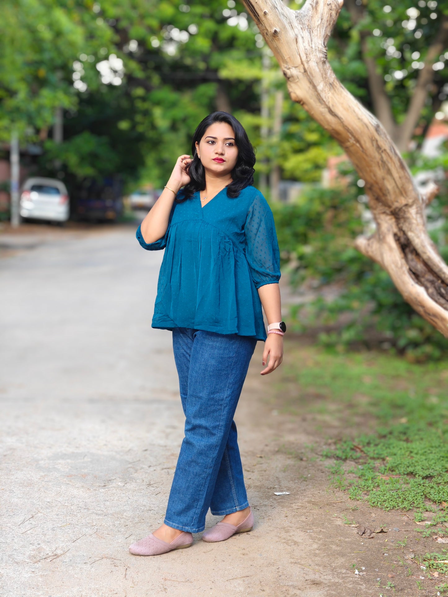 Teal Blue Dobby Chiffon Solid Empire Top for Women – Sizes S to 2XL