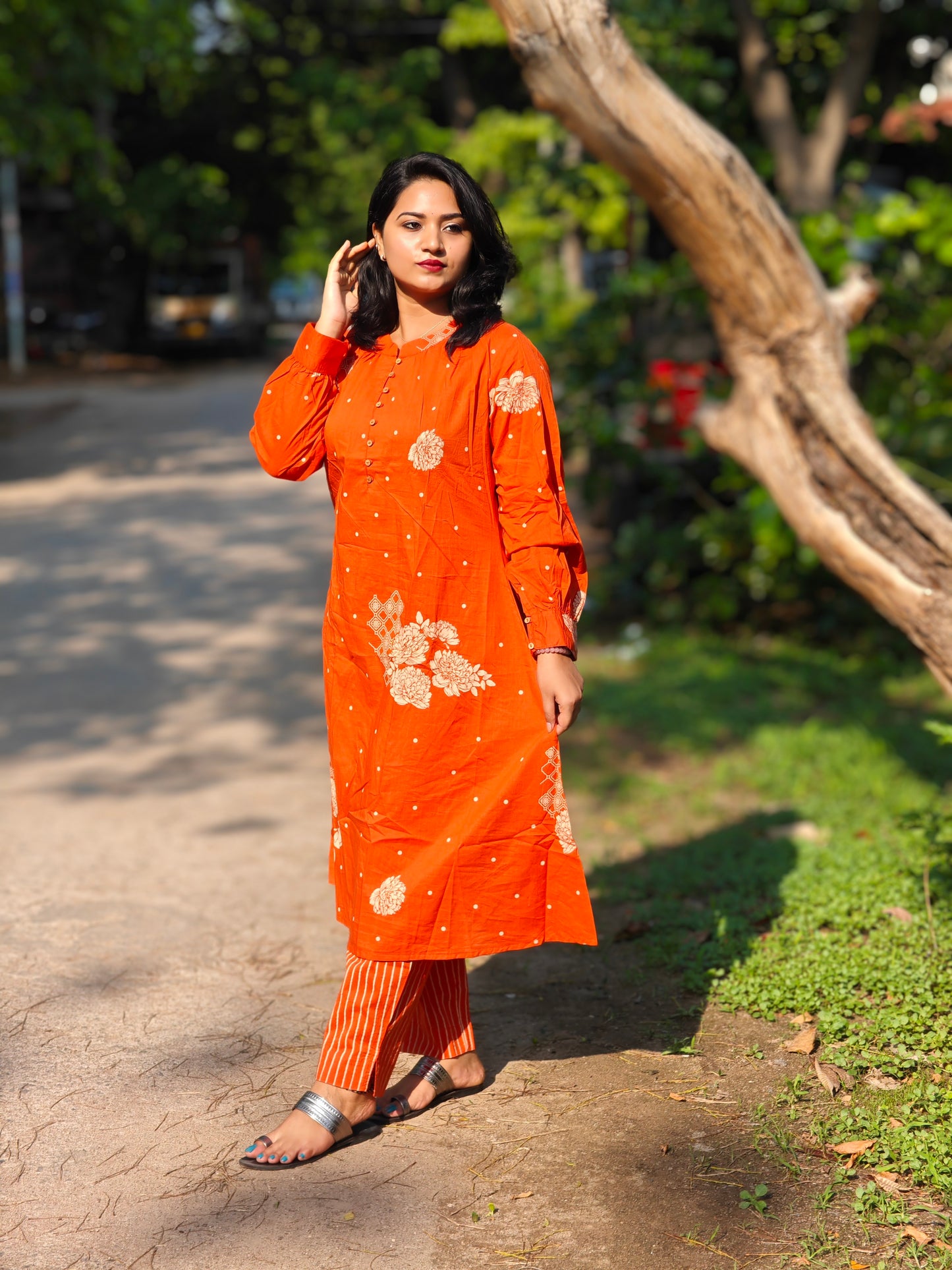 Orange Cotton Floral Printed Kurta With Pants 648