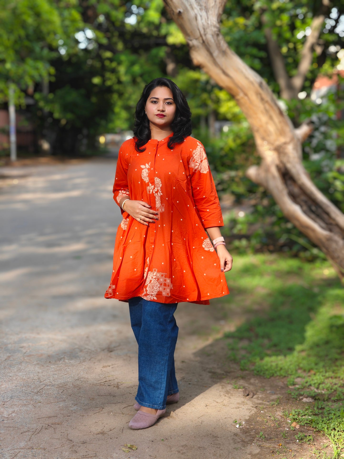 Orange Cotton Floral Printed Flared Tunic 4206