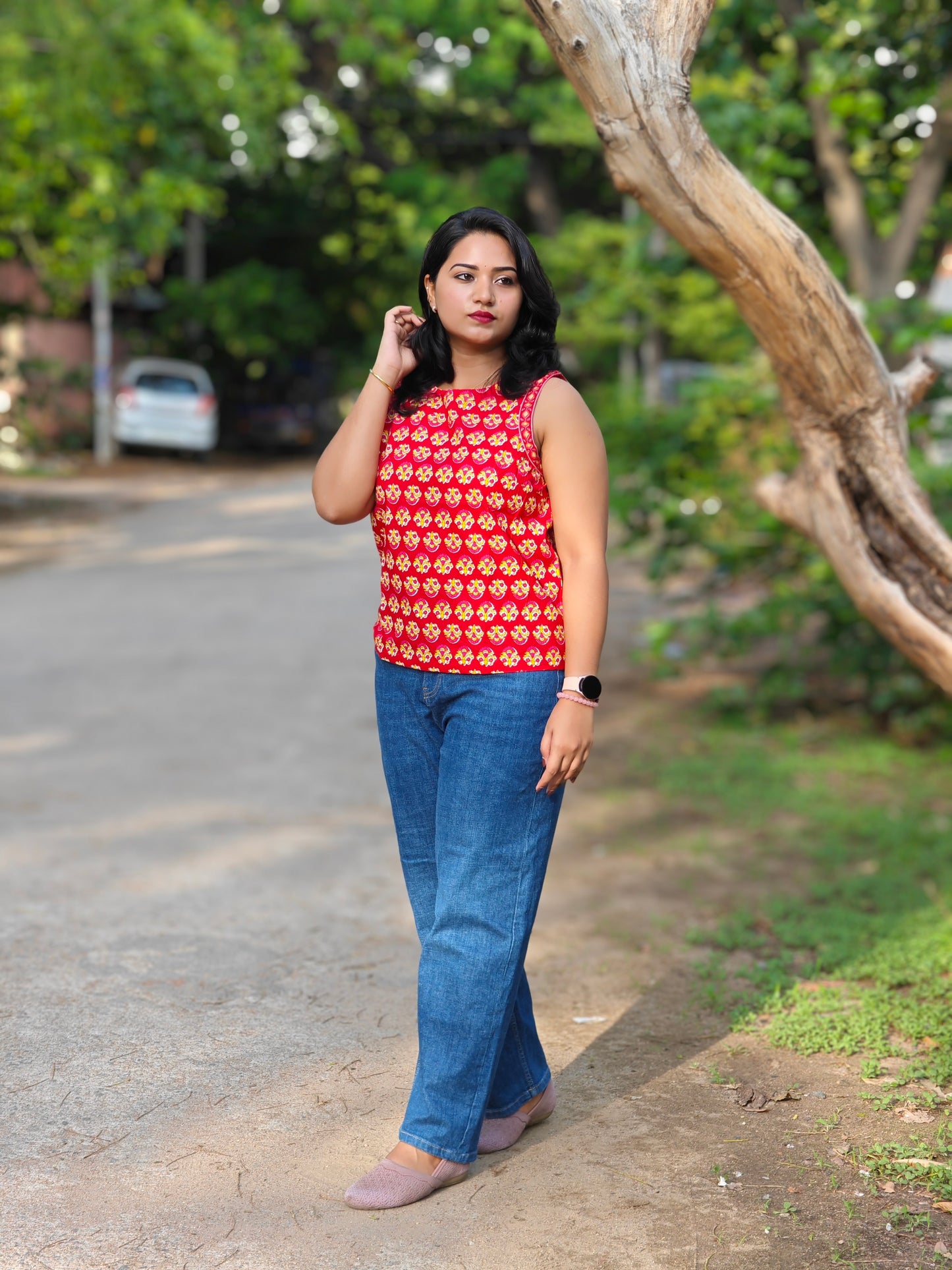 Red Cotton Floral Print Regular Top 3645