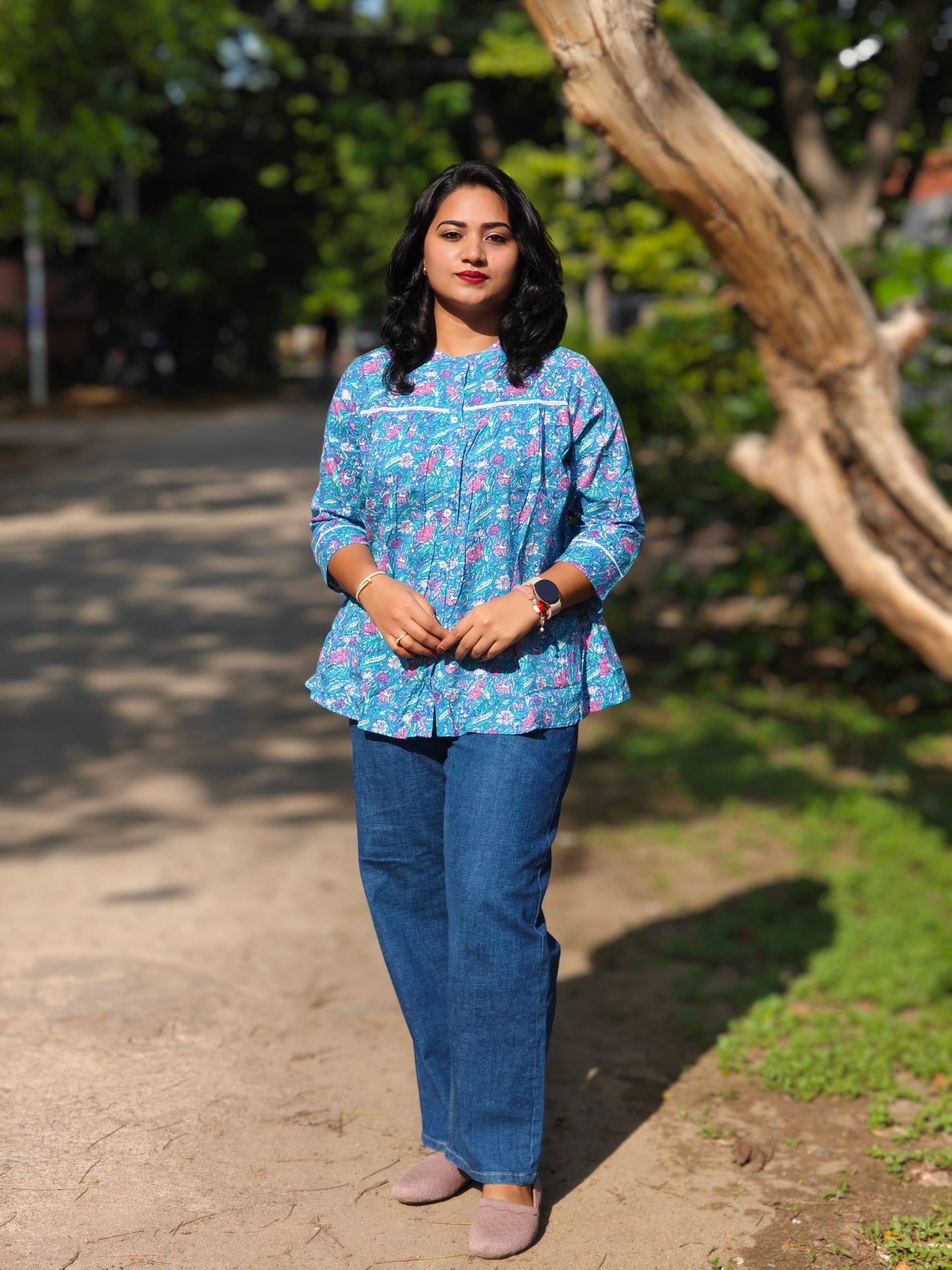 Short Blue Cotton Floral Top 4084