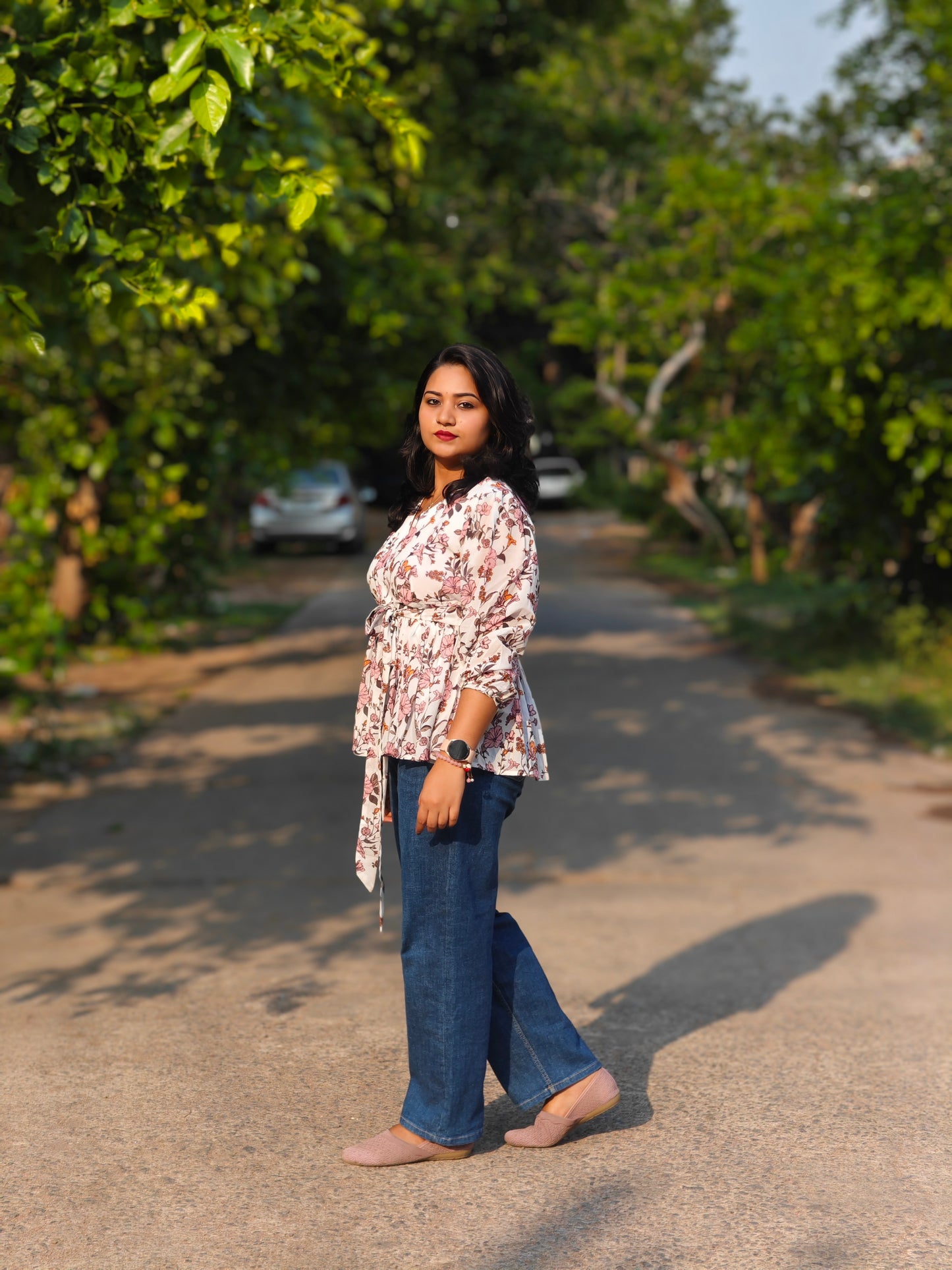 White Georgette Floral Print Peplum Top 4055