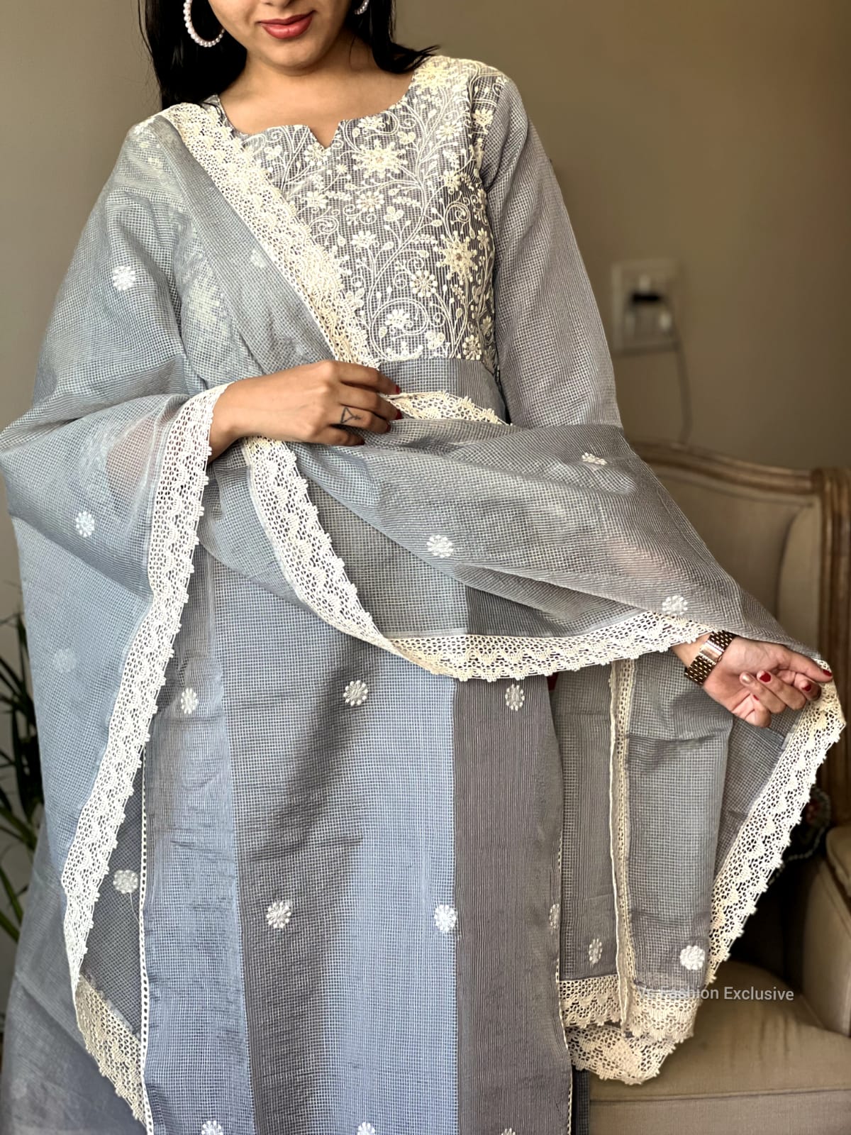 Pure Kota Doria Embroidered Kurta Pant Dupatta Suit Set with Crocia Lace – Women’s Grey, Sizes 38 to 46