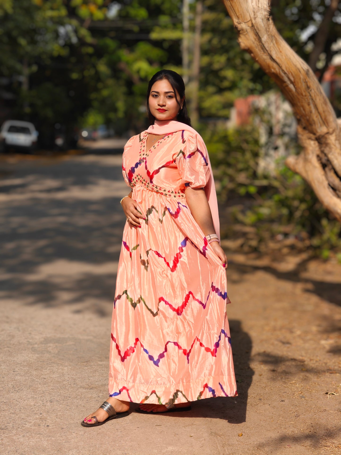 Orange Balloon Sleeve Alia Cut Suit Set
