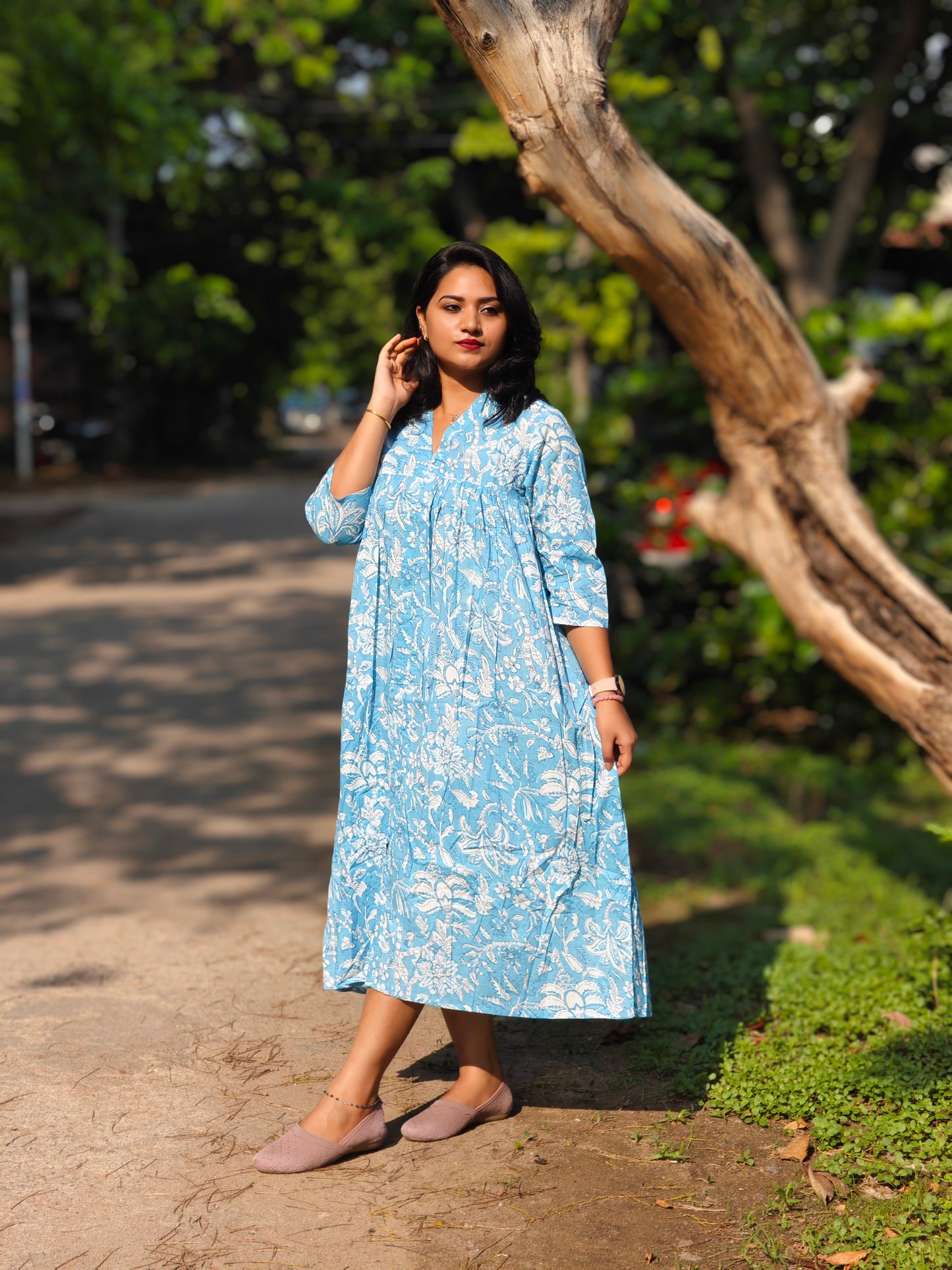 Sky Blue Cotton Floral Print Flared Kurta 4006