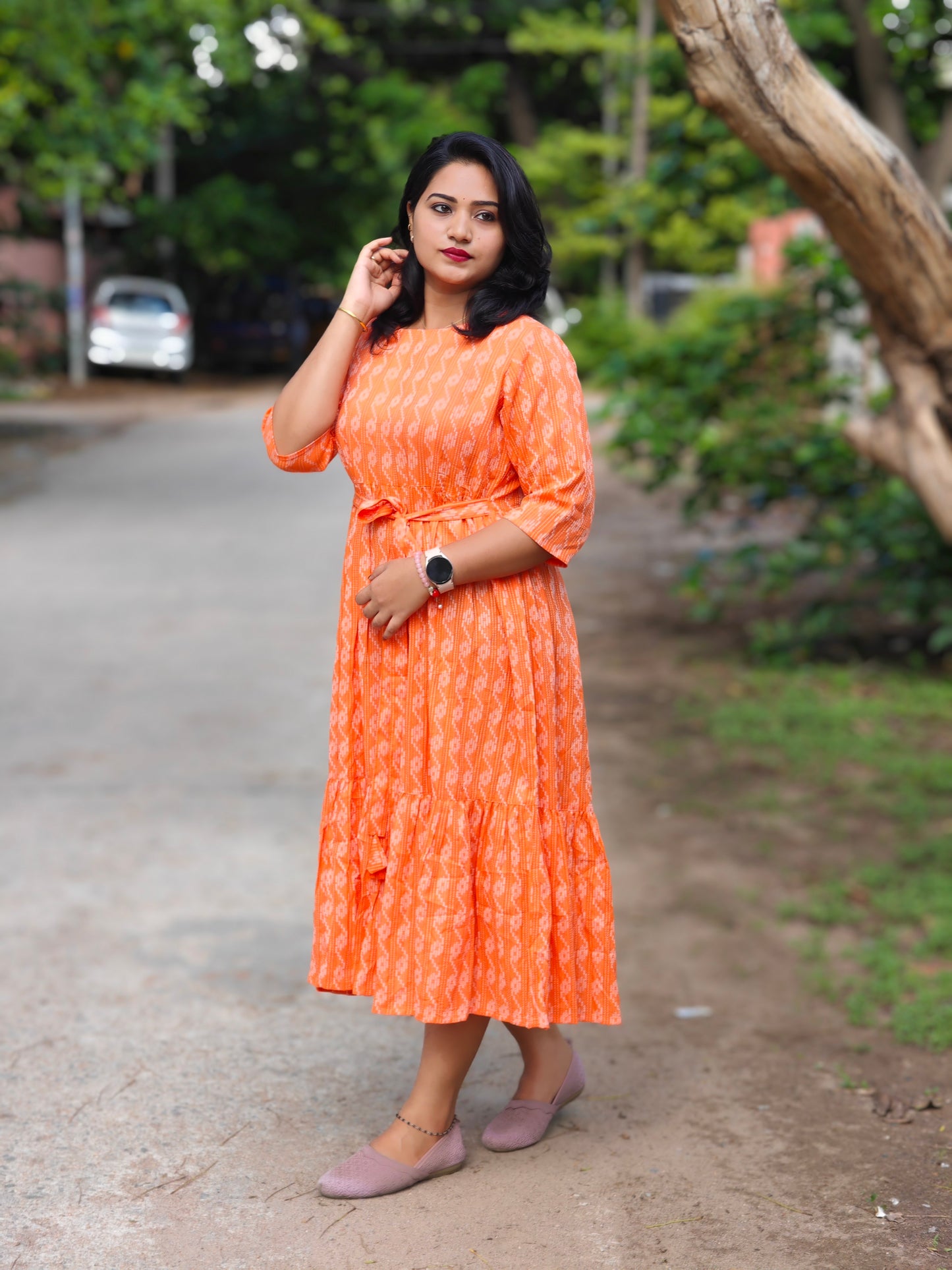 Orange Cotton Woven Design Tiered Western Dress 3870