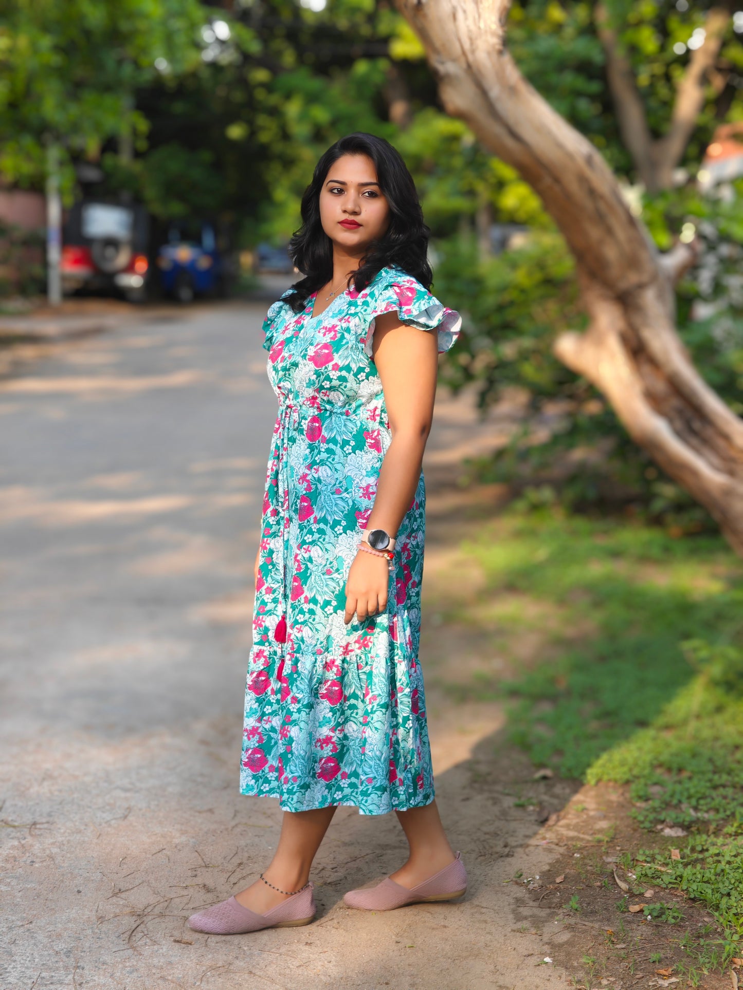 Green Moss Digital Floral Printed A-Line Dress 4304
