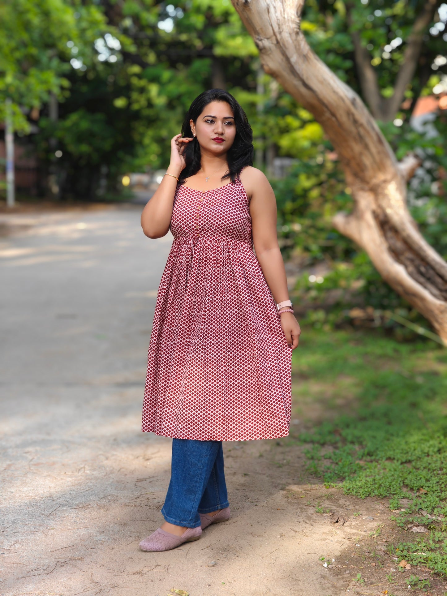 Red Cotton Geometric Printed Flared Western Dress 3944
