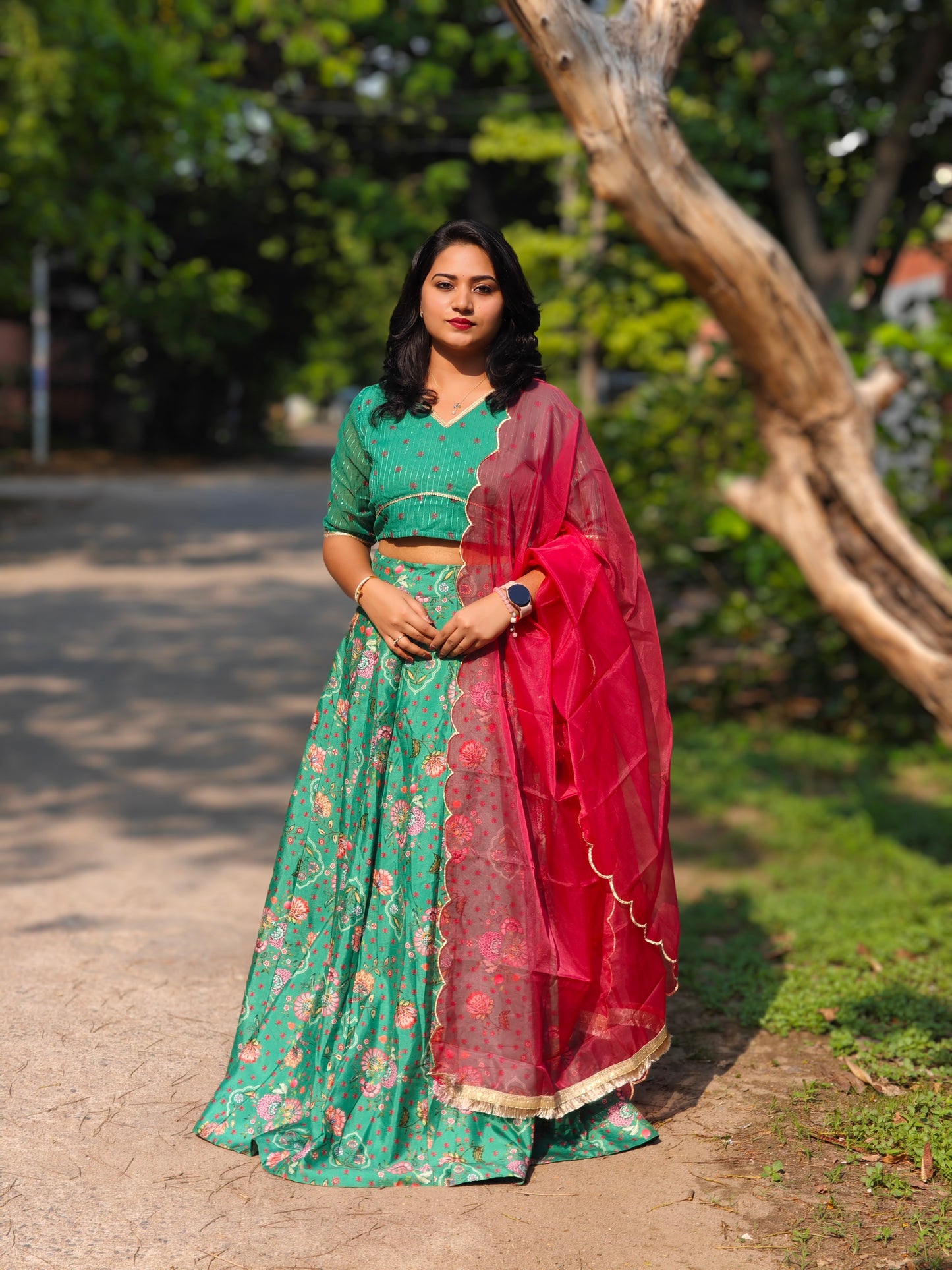 Green Crepe Silk Floral Lehenga Choli With Dupatta 814