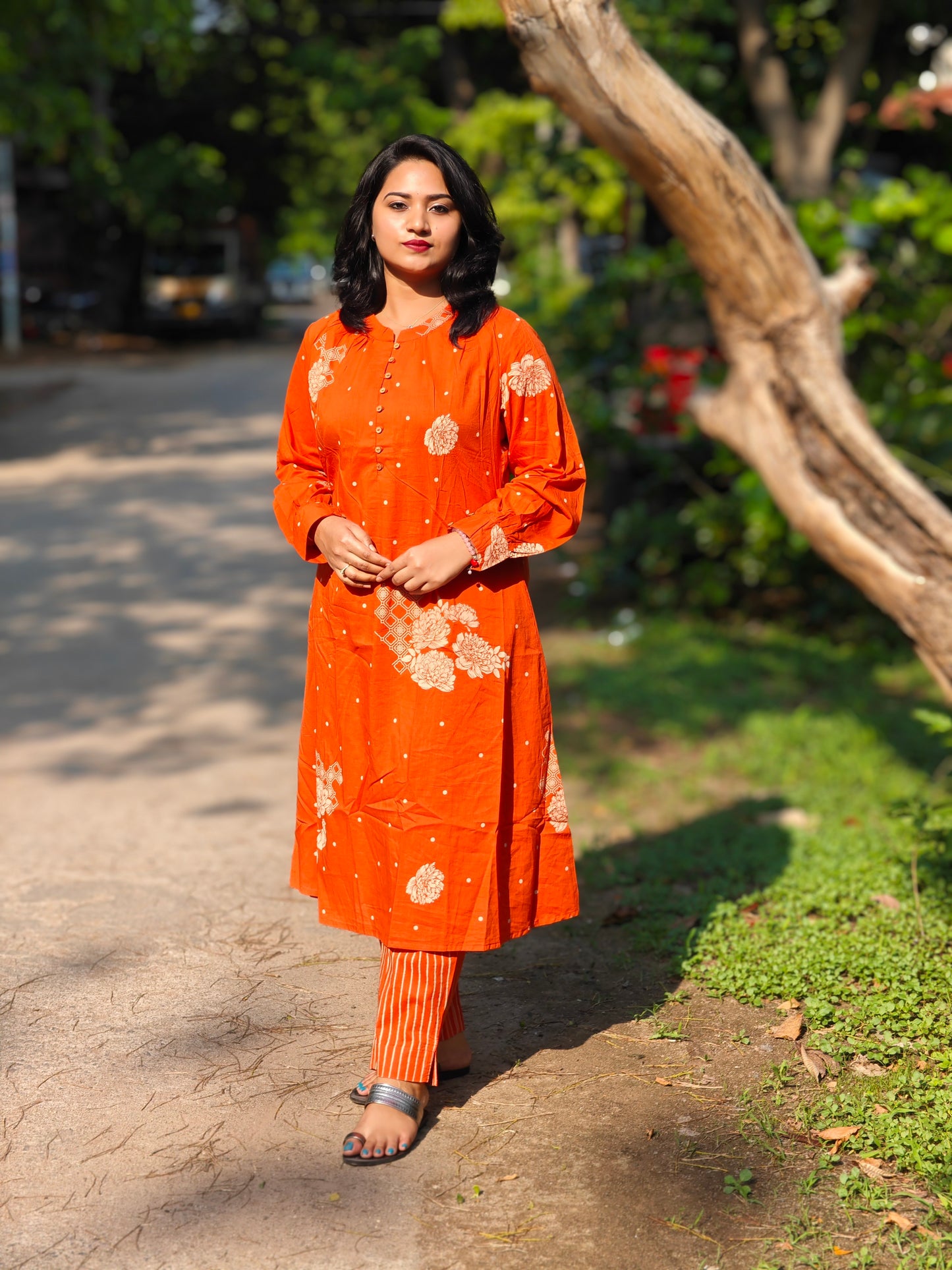 Orange Cotton Floral Printed Kurta With Pants 648