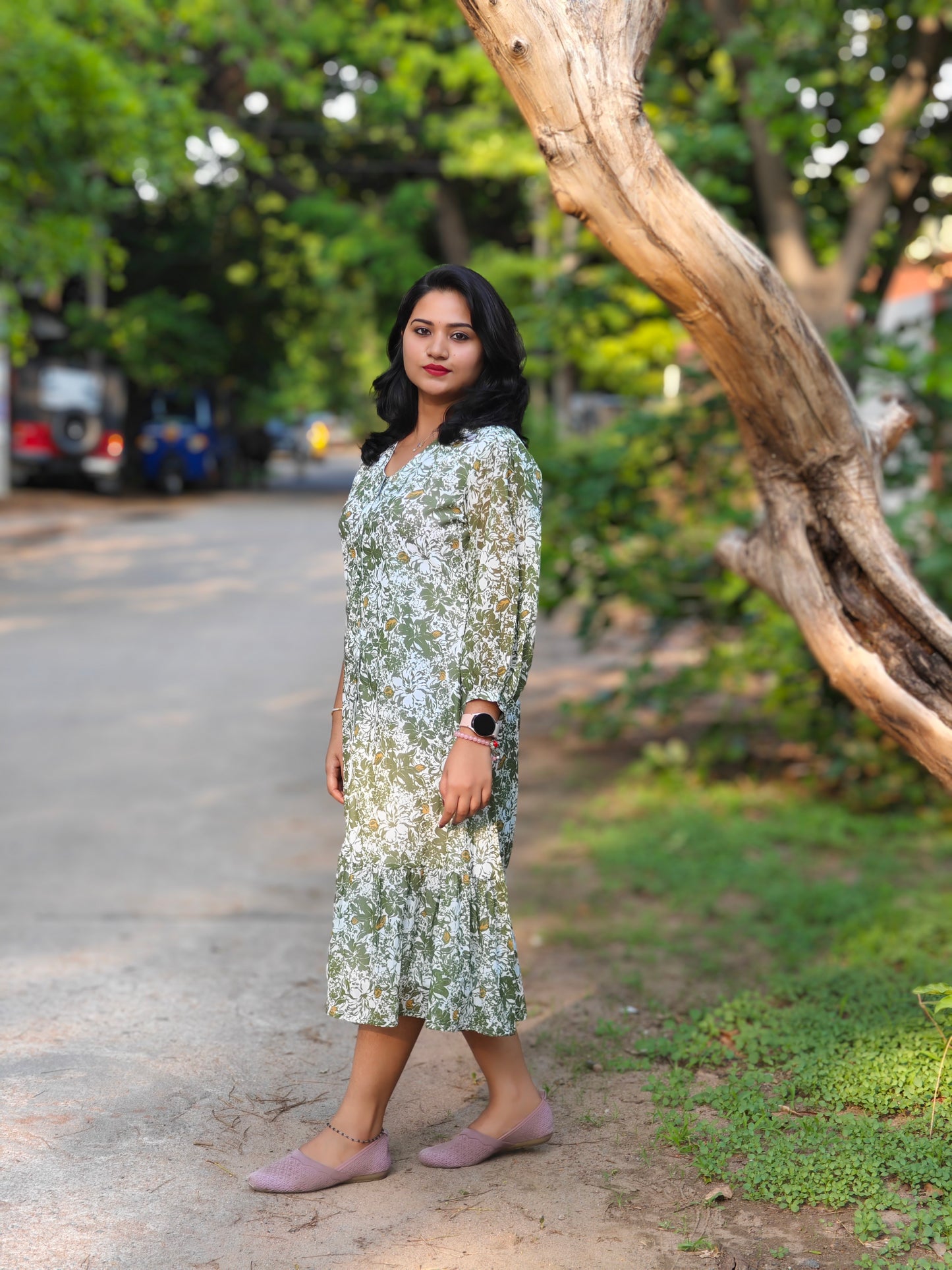 Olive Georgette Floral Printed A-Line DRESS 4347