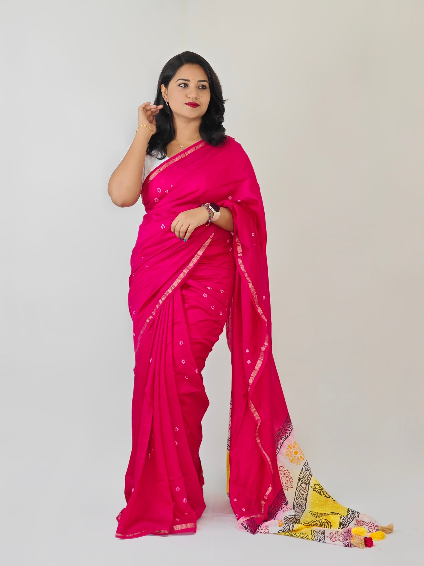 Exquisite Handcrafted Bandhani and Block Print Chanderi Cotton Saree