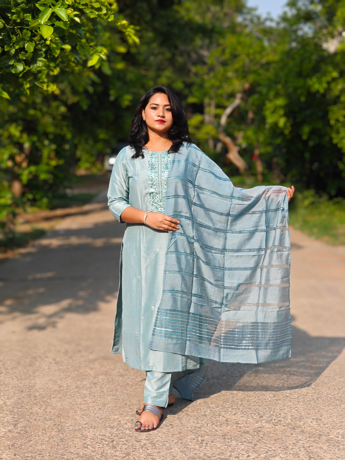 Turquoise Poly Silk Thread Work Kurta With Pant 511