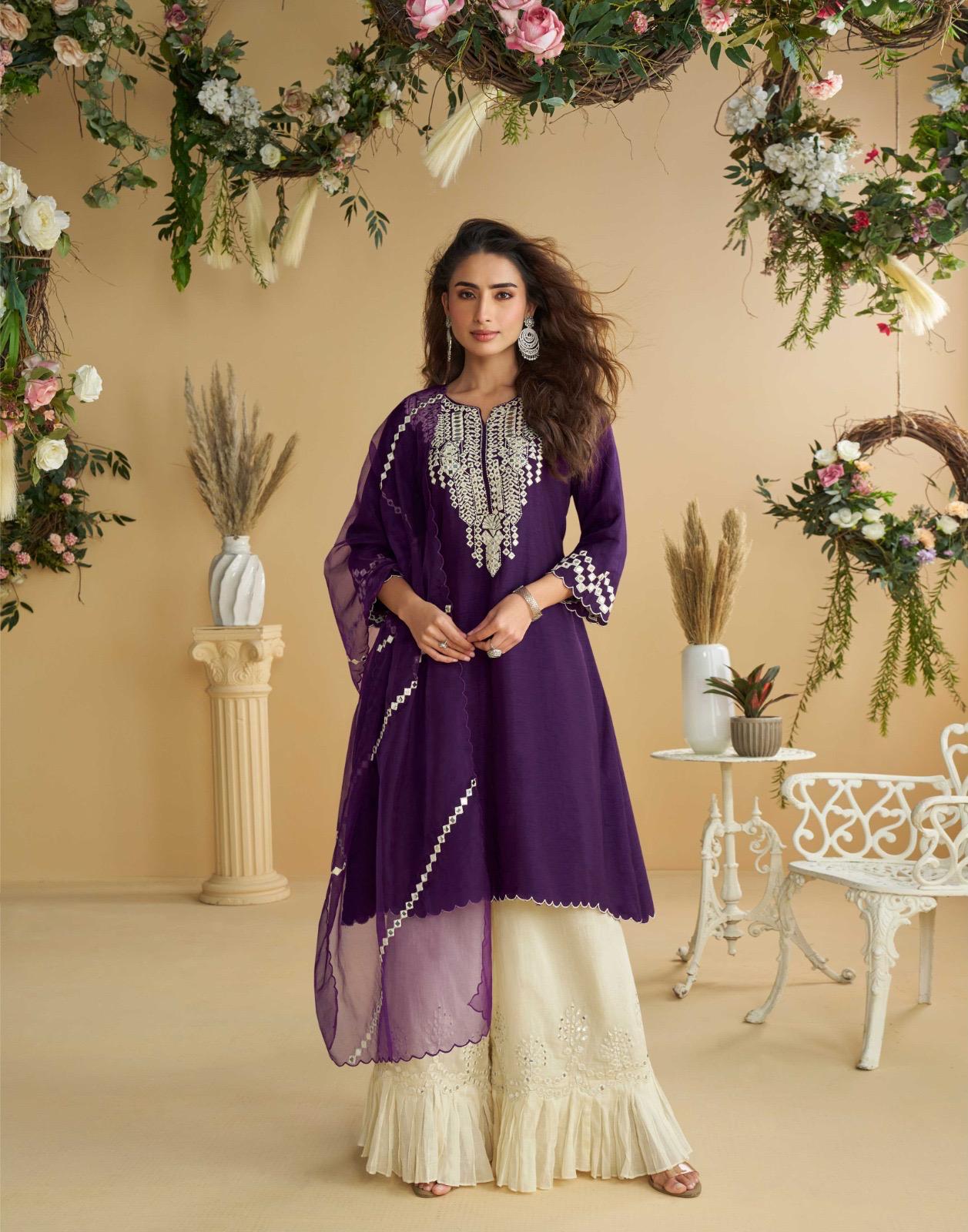 Purple Real Silk Mirror Embroidered Kurta Palazzo Dupatta Set for Women – Festive and Party Wear Designer Outfit (XL)