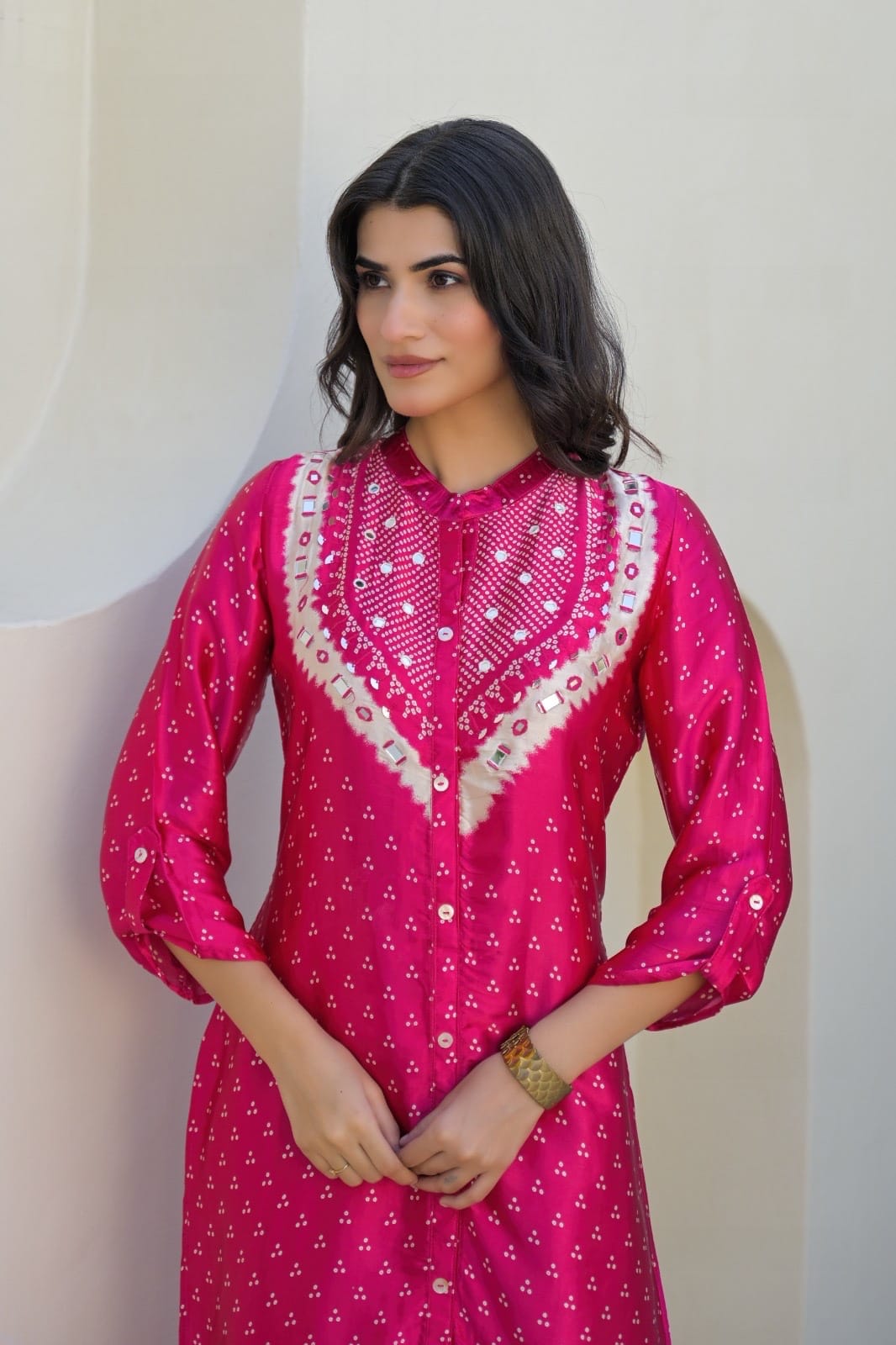 Gajji Silk Bandhani Printed Kurta Pant Set for Women with Mirror Work – Festive Wear, Sizes M to XXL