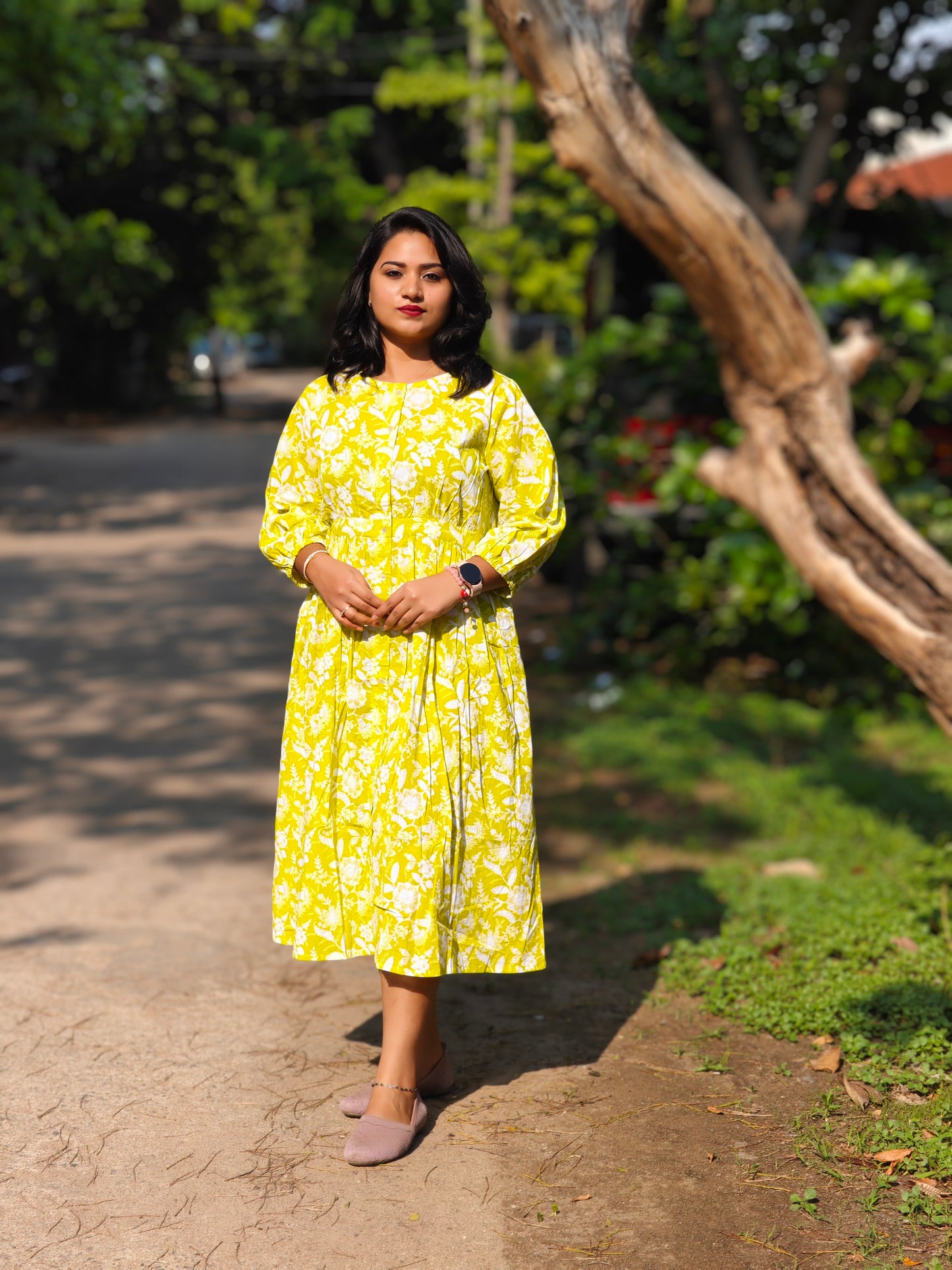 Lime Cotton Floral Gathered Dress 00180