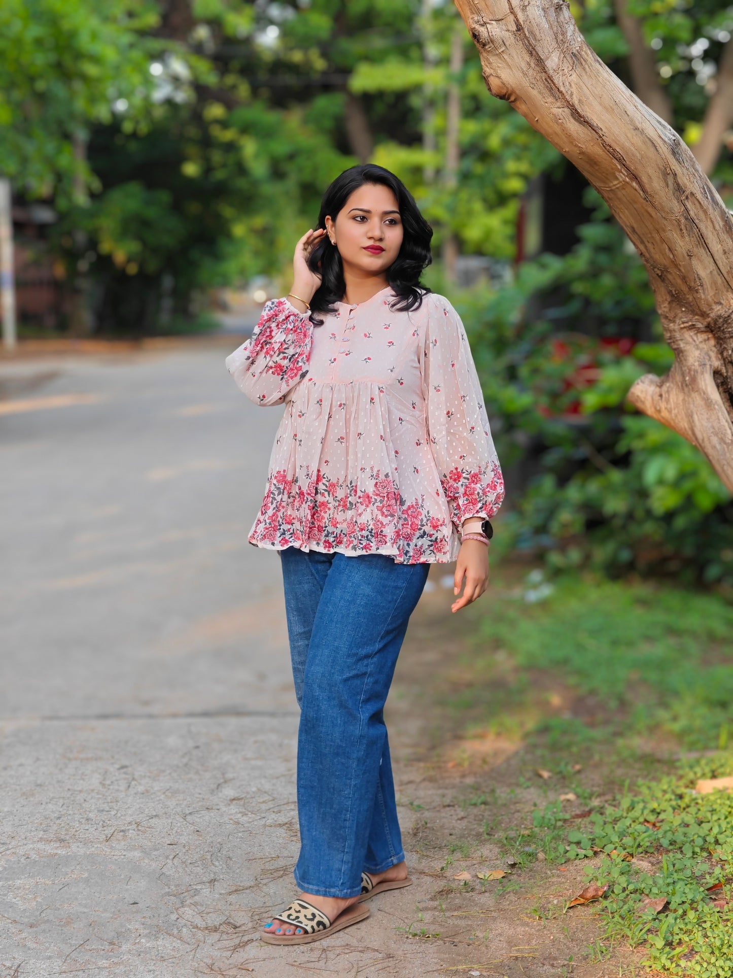 Peach Georgette Floral Print Flared Top 4047