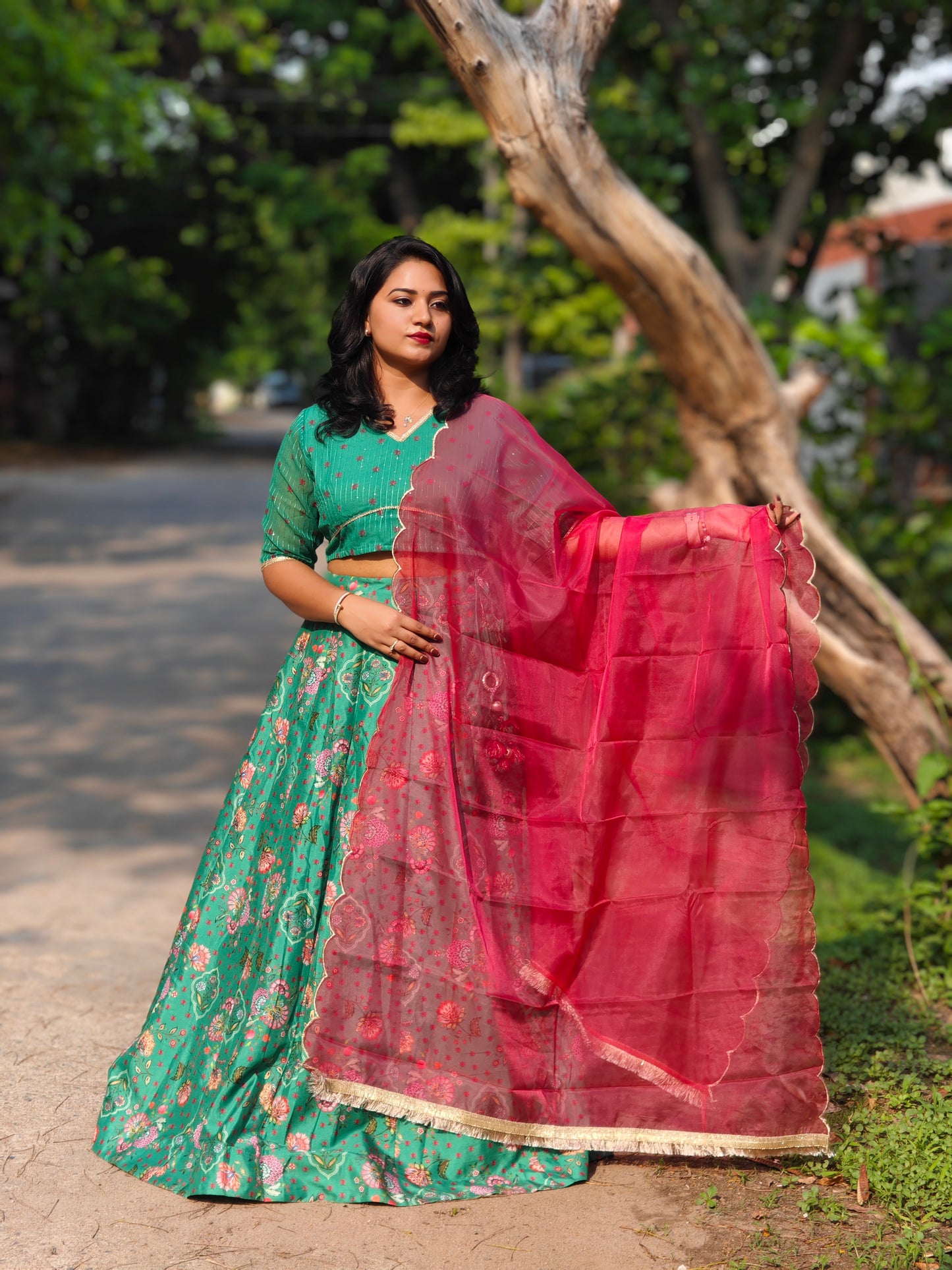 Green Crepe Silk Floral Lehenga Choli With Dupatta 814