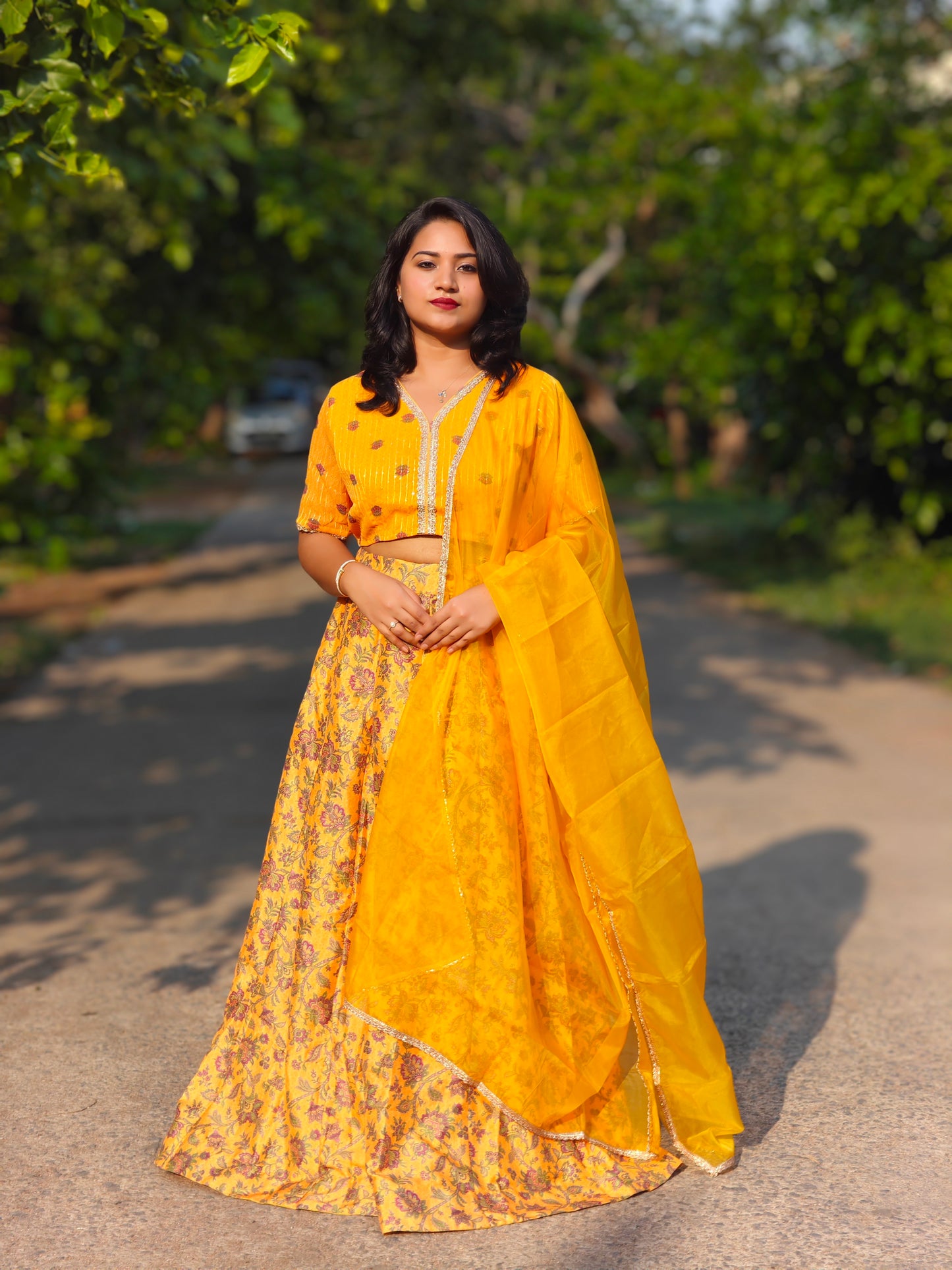 Mustard Crepe Silk Floral Lehenga Choli With Dupatta 811