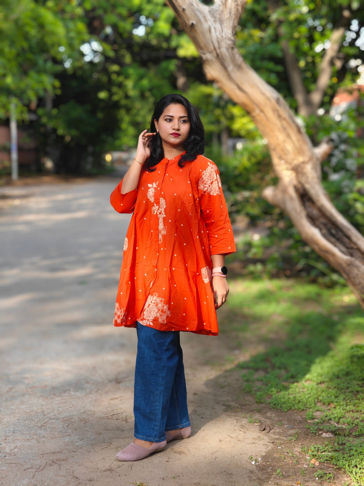 Orange Cotton Floral Printed Flared Tunic 4206