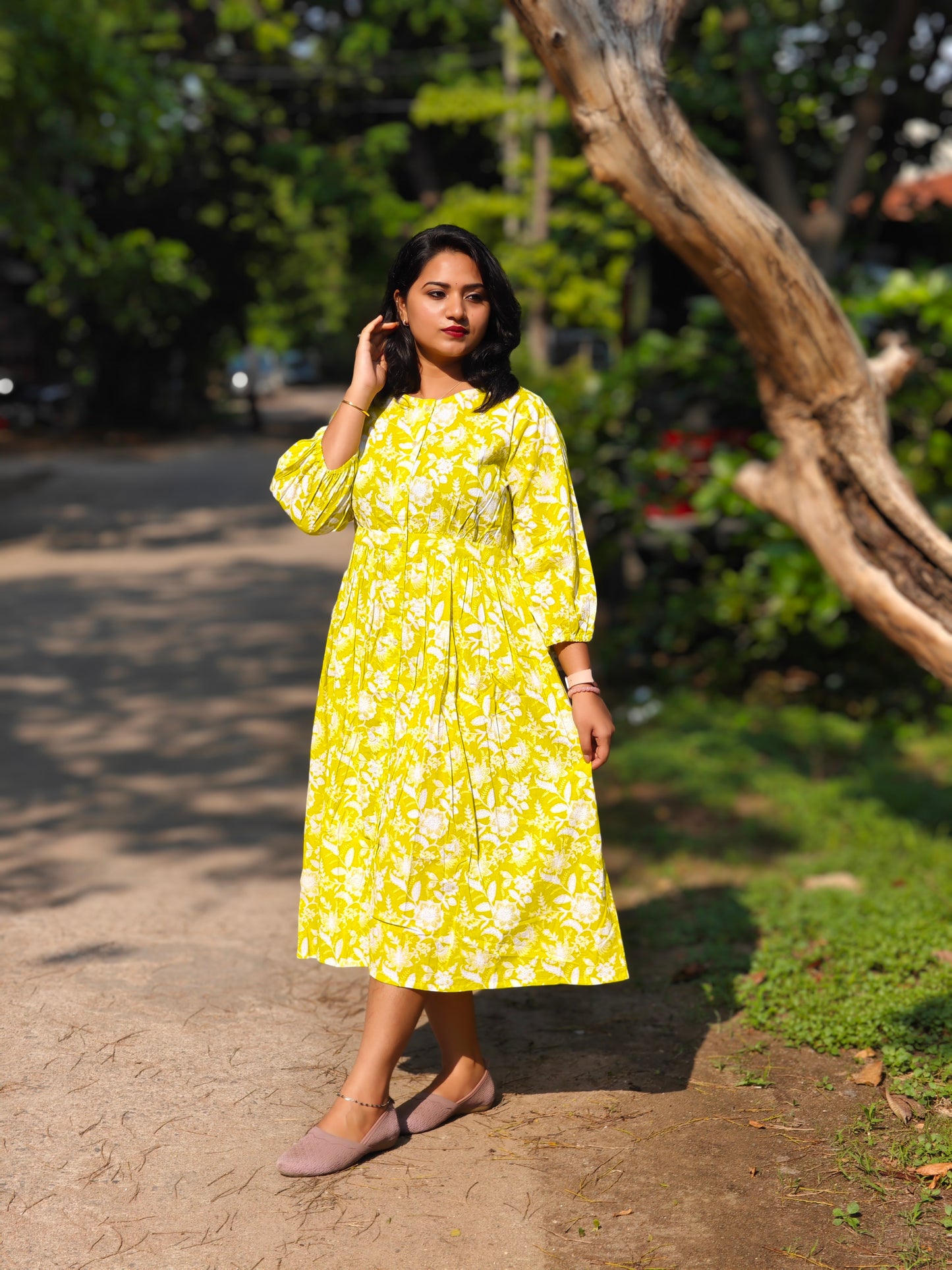 Lime Cotton Floral Gathered Dress 00180