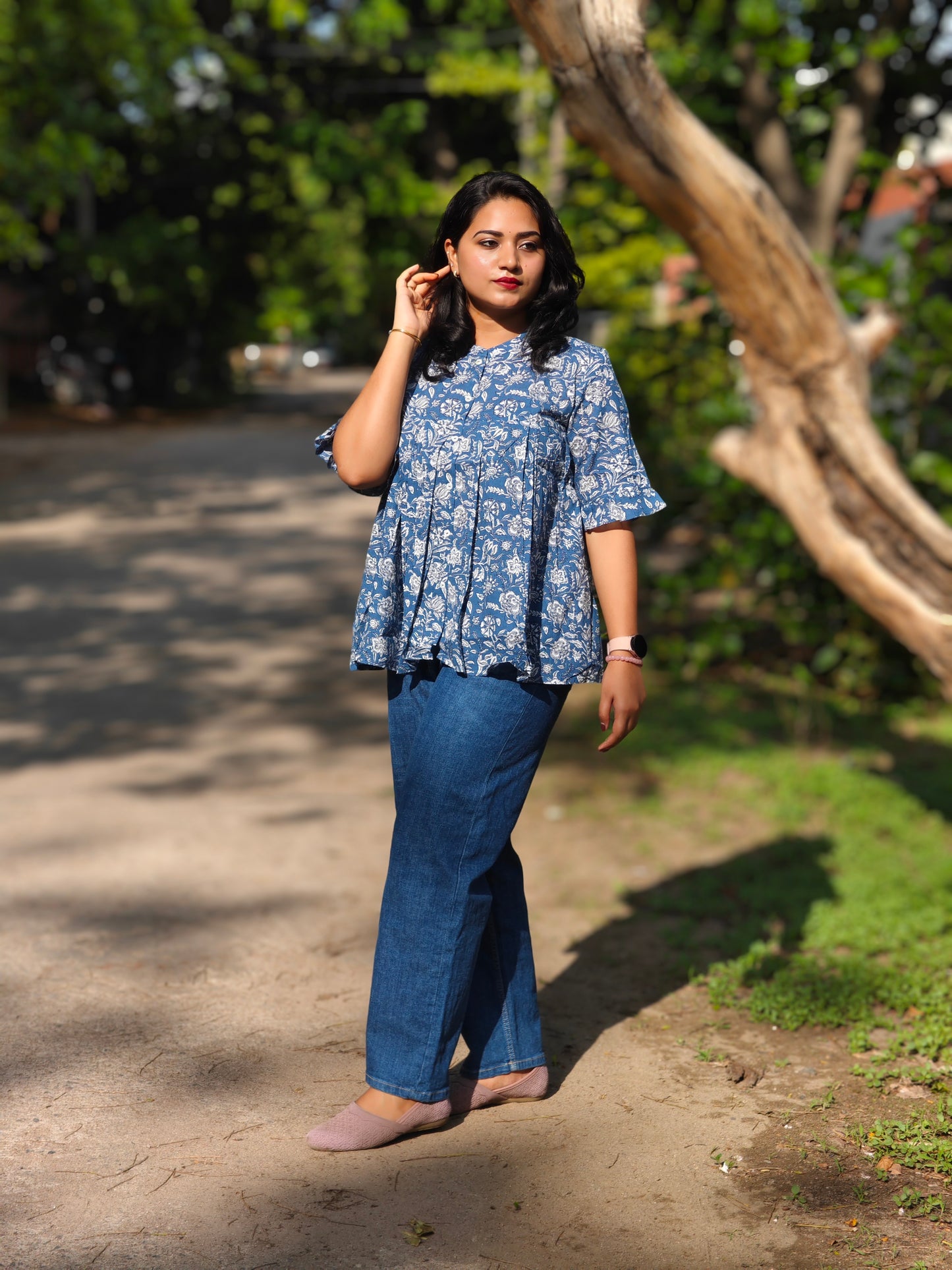 Ink Blue Cotton Floral Print Flared Top 4032