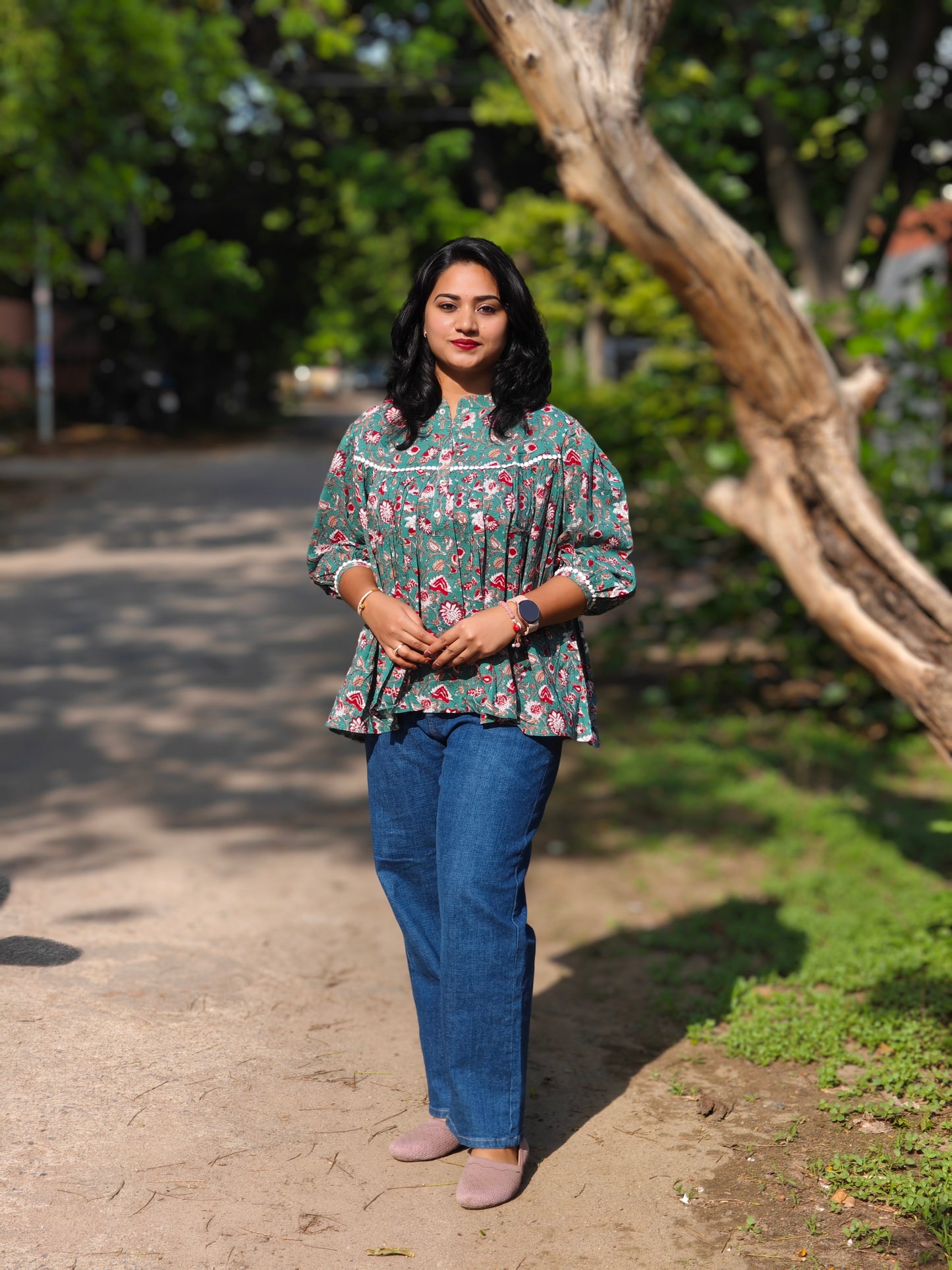 Green Cotton Botanical Print Empire Top 4085