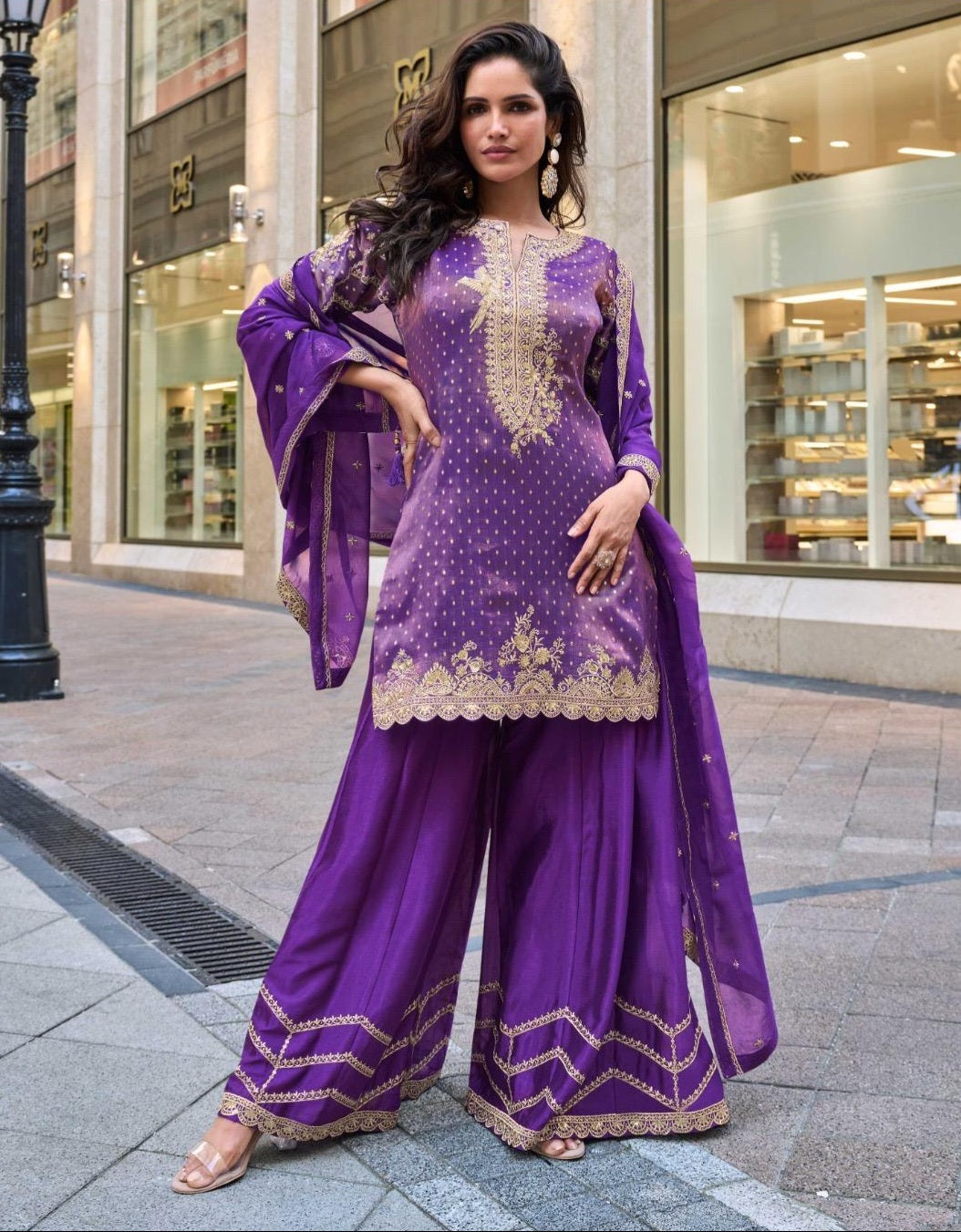 Viscose Jacquard Silk Embroidered Sharara Set for Women with Dupatta – XL Size