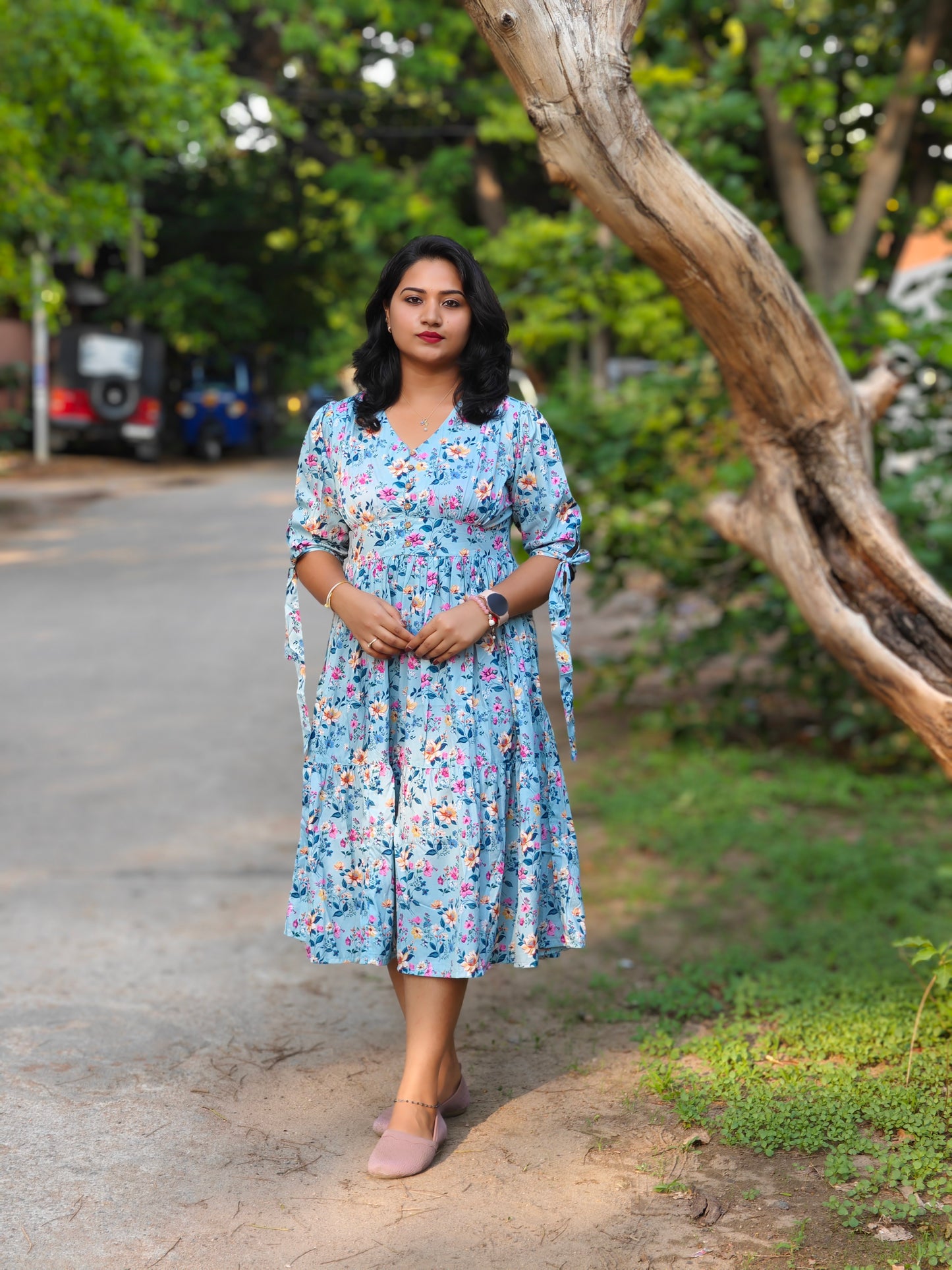 Blue Crepe Digital Print Flared Western Dress 4072