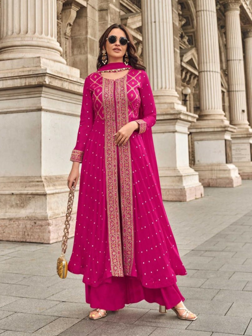 Viscose jacquard silk anarkali suit set with hand embellishment and georgette dupatta – free size stitched