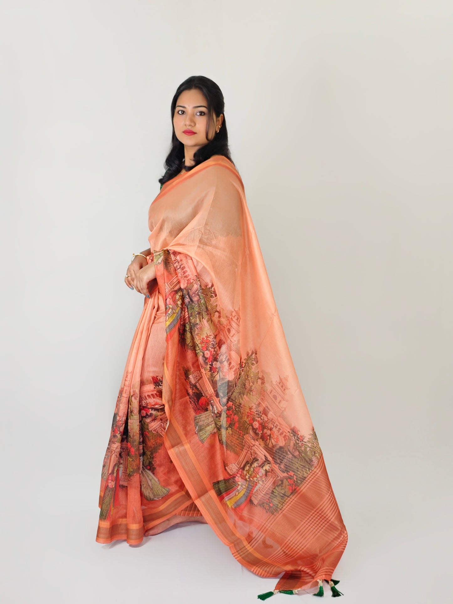 Semi Tussar Silk Kalamkari Sarees Gold Zari Border